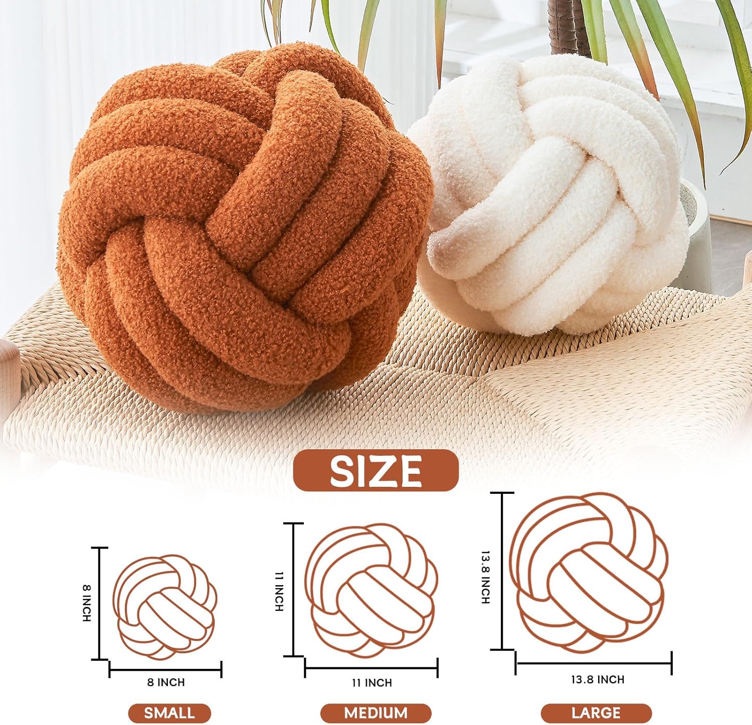 Decorative Throw Knot Pillow Ball for Home Chair Sofa Couch Bed Aesthetic Round Decor Pillows Lambswool Knotted Pillow Cushion Ivory White, 11 inches