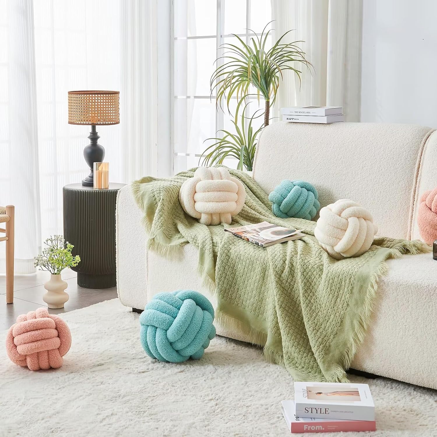 Decorative Throw Knot Pillow Ball for Home Chair Sofa Couch Bed Aesthetic Round Decor Pillows Lambswool Knotted Pillow Cushion Ivory White, 11 inches