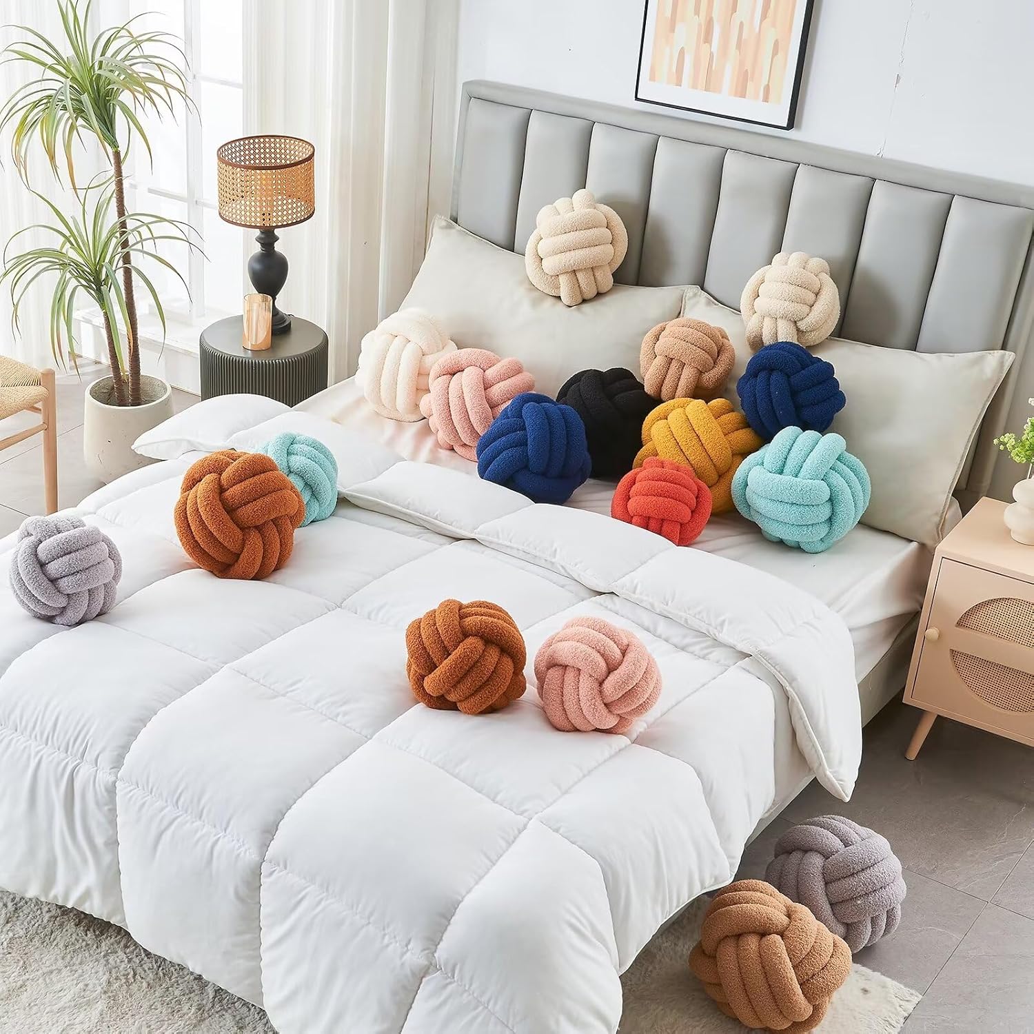 Decorative Throw Knot Pillow Ball for Home Chair Sofa Couch Bed Aesthetic Round Decor Pillows Lambswool Knotted Pillow Cushion Ivory White, 11 inches