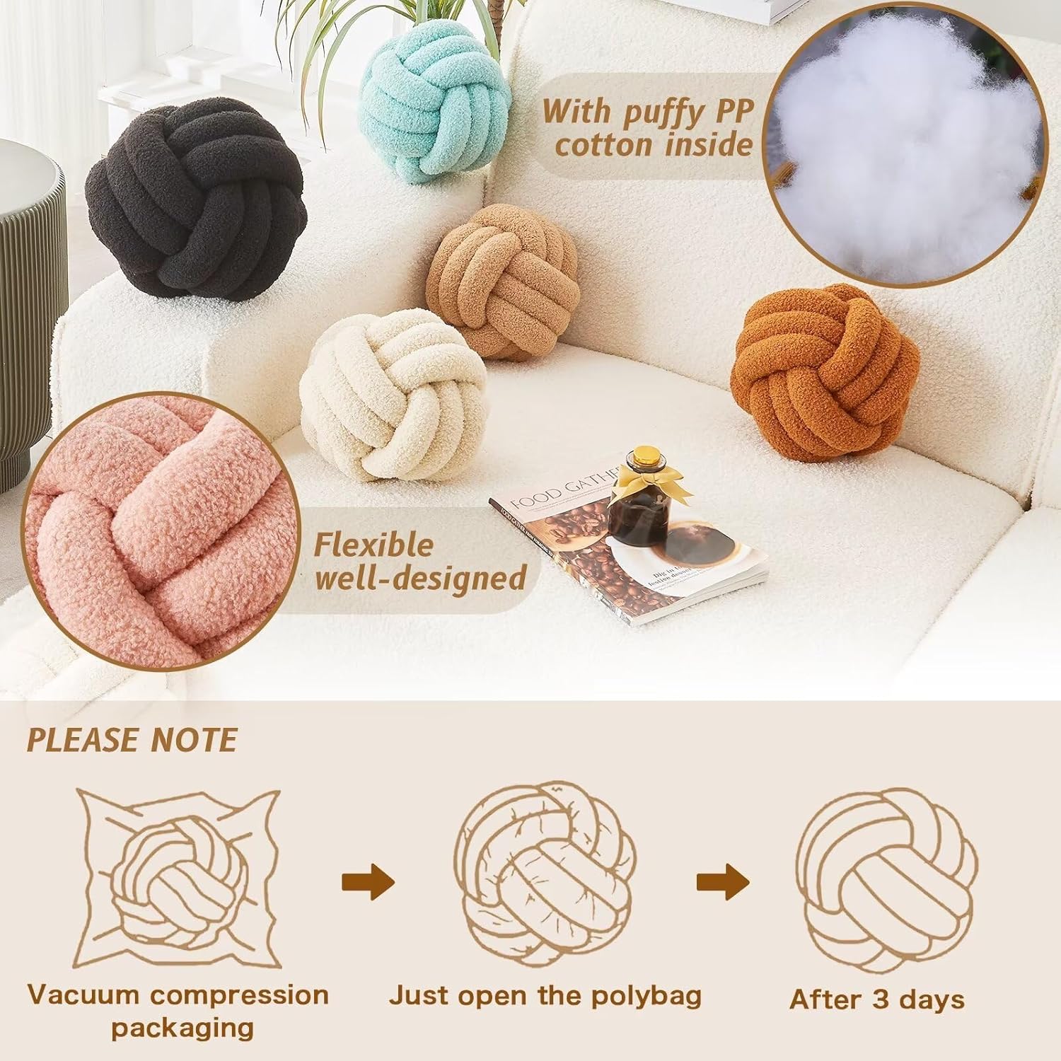 Decorative Throw Knot Pillow Ball for Home Chair Sofa Couch Bed Aesthetic Round Decor Pillows Lambswool Knotted Pillow Cushion Ivory White, 11 inches