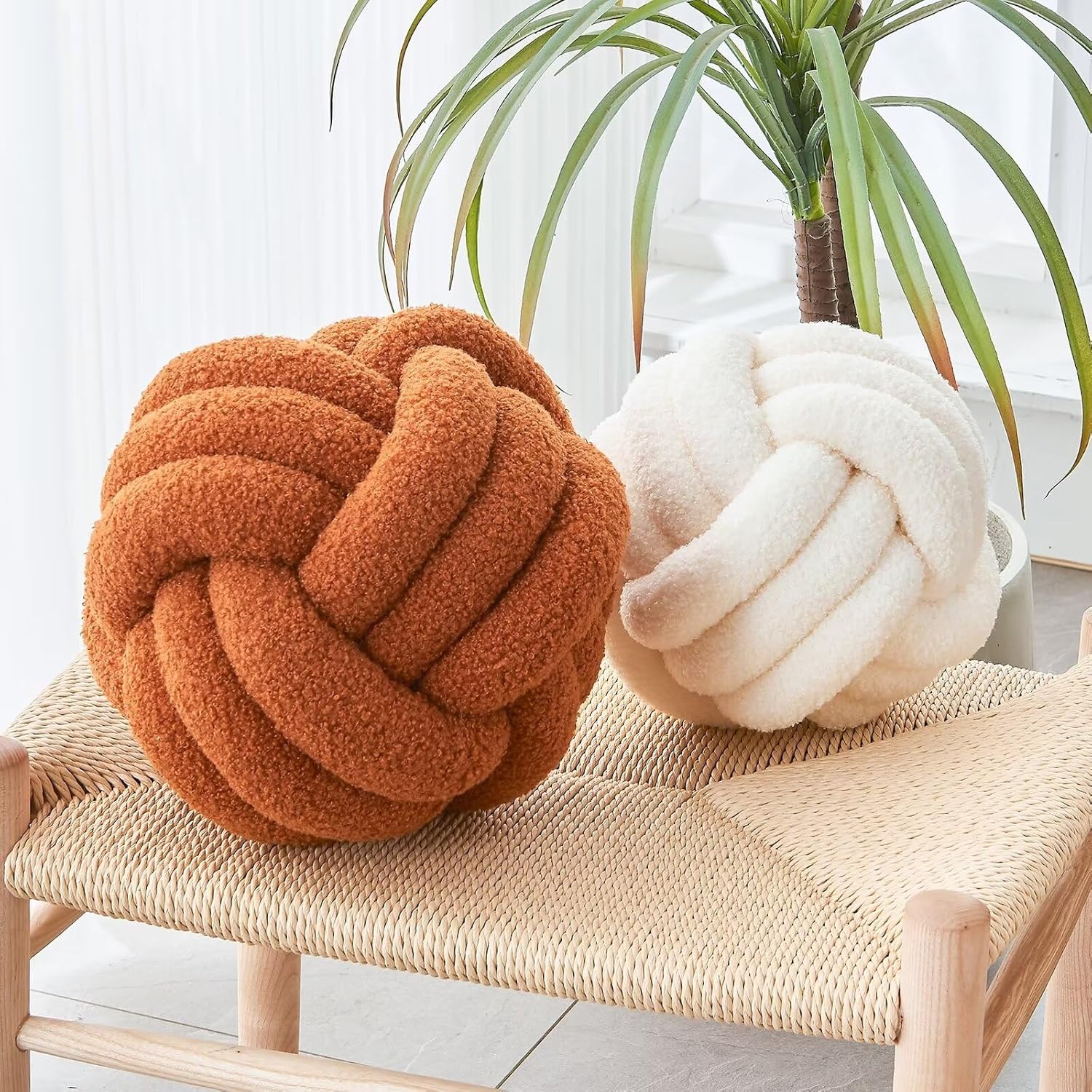 Decorative Throw Knot Pillow Ball for Home Chair Sofa Couch Bed Aesthetic Round Decor Pillows Lambswool Knotted Pillow Cushion Ivory White, 11 inches