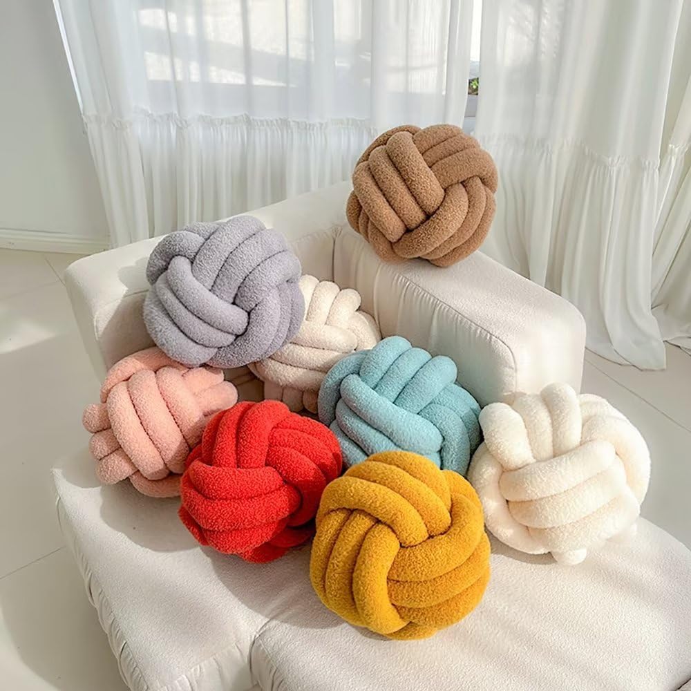 Decorative Throw Knot Pillow Ball for Home Chair Sofa Couch Bed Aesthetic Round Decor Pillows Lambswool Knotted Pillow Cushion Ivory White, 11 inches