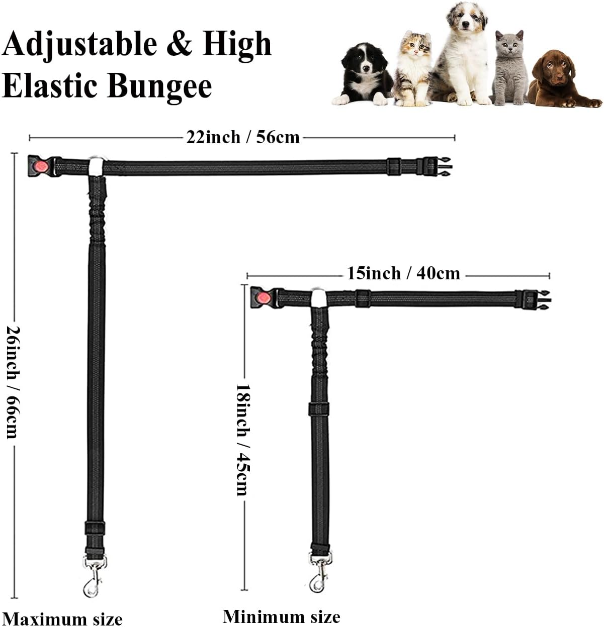 Dog Seat Belts for Car, 2 Pcs Dog Tether with Elastic Bungee Buffer, Adjustable Dog Car Seatbelts and Strong Leash Leads Accessories for Dogs Cats Pets, Black