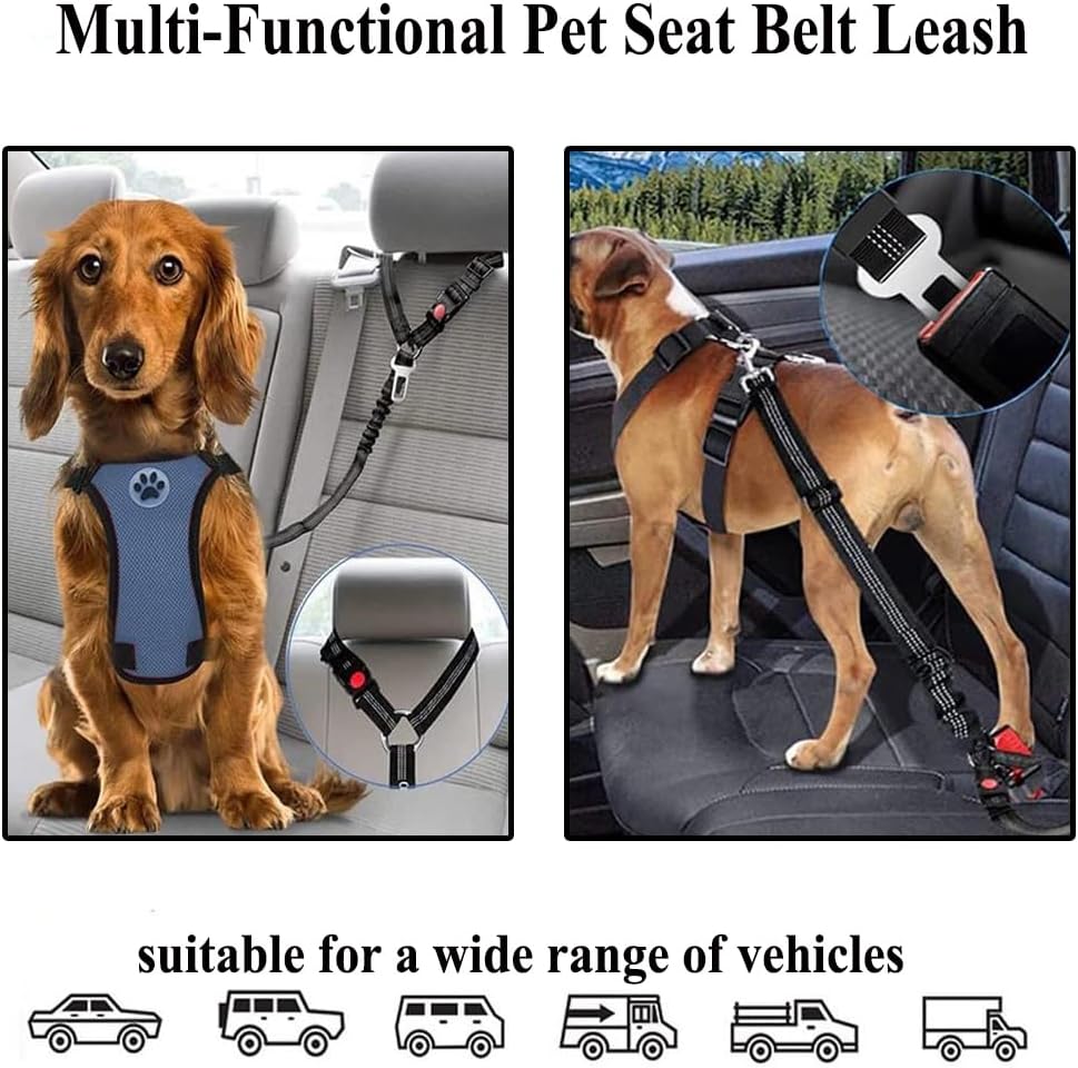 Dog Seat Belts for Car, 2 Pcs Dog Tether with Elastic Bungee Buffer, Adjustable Dog Car Seatbelts and Strong Leash Leads Accessories for Dogs Cats Pets, Black