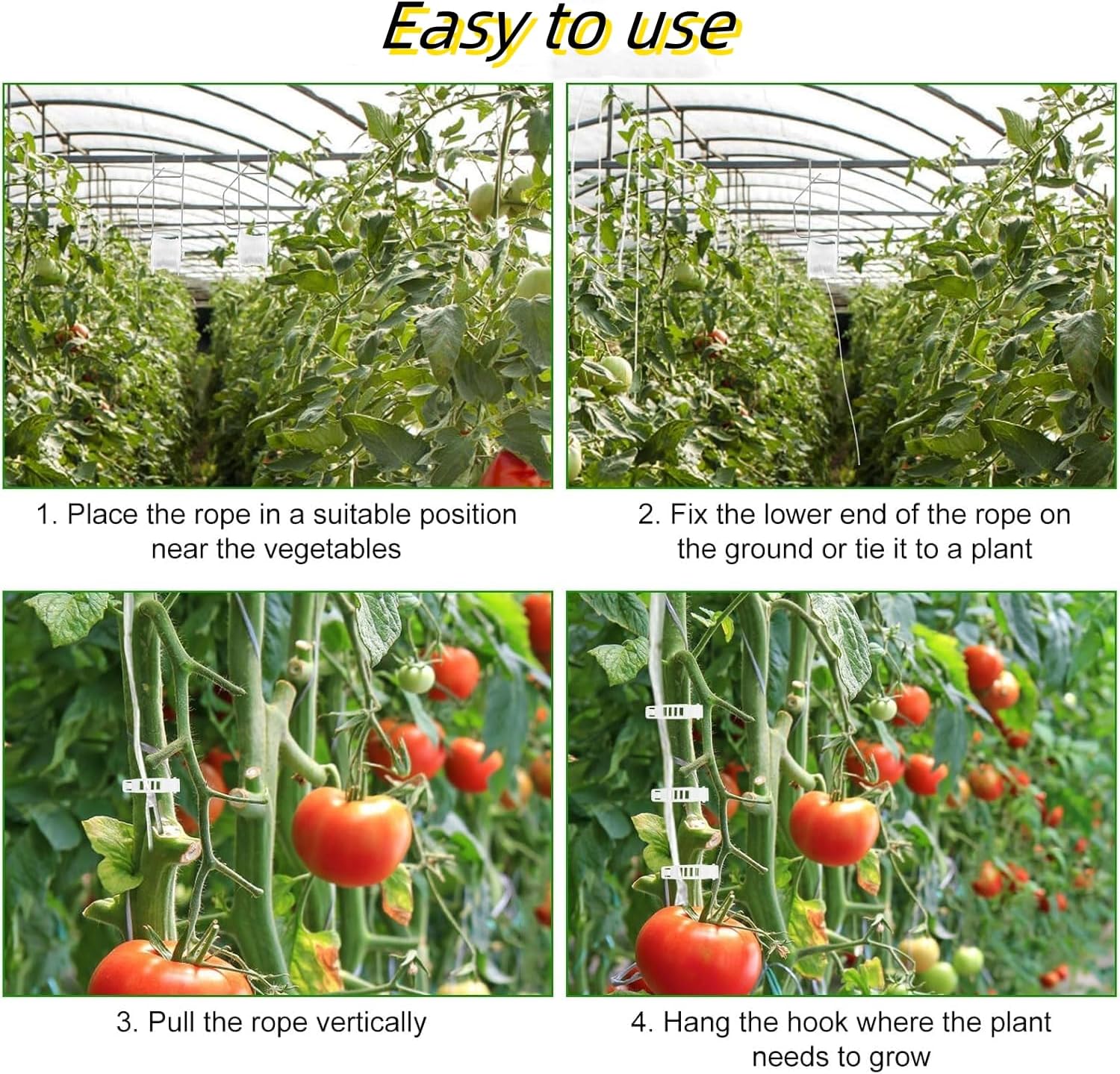 10 PCS Tomato Roller Hooks with String & 40 Clips, 49.2FT Twine Tomato Trellis Kit - Climbing Support for Tomato, Flower Vine, Greenhouse, Home Gardening 10 PCS