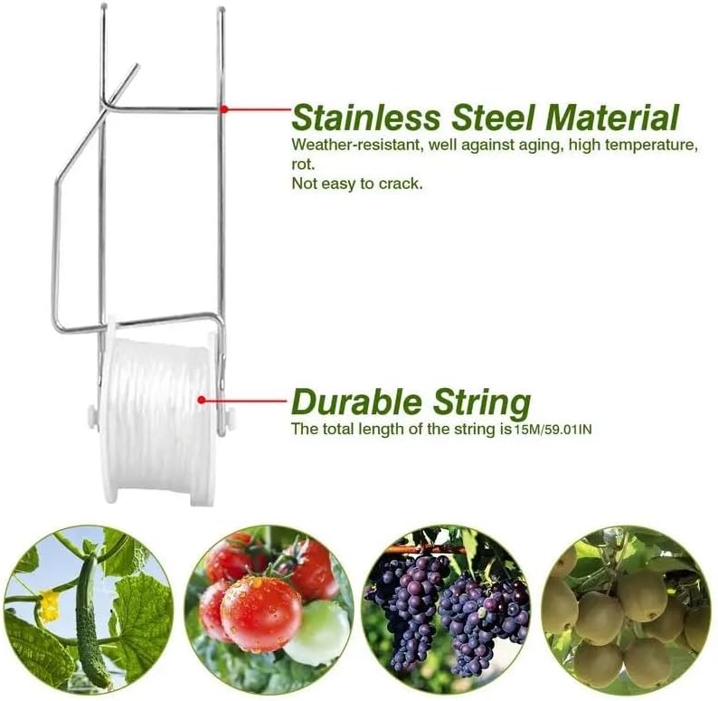 10 PCS Tomato Roller Hooks with String & 40 Clips, 49.2FT Twine Tomato Trellis Kit - Climbing Support for Tomato, Flower Vine, Greenhouse, Home Gardening 10 PCS