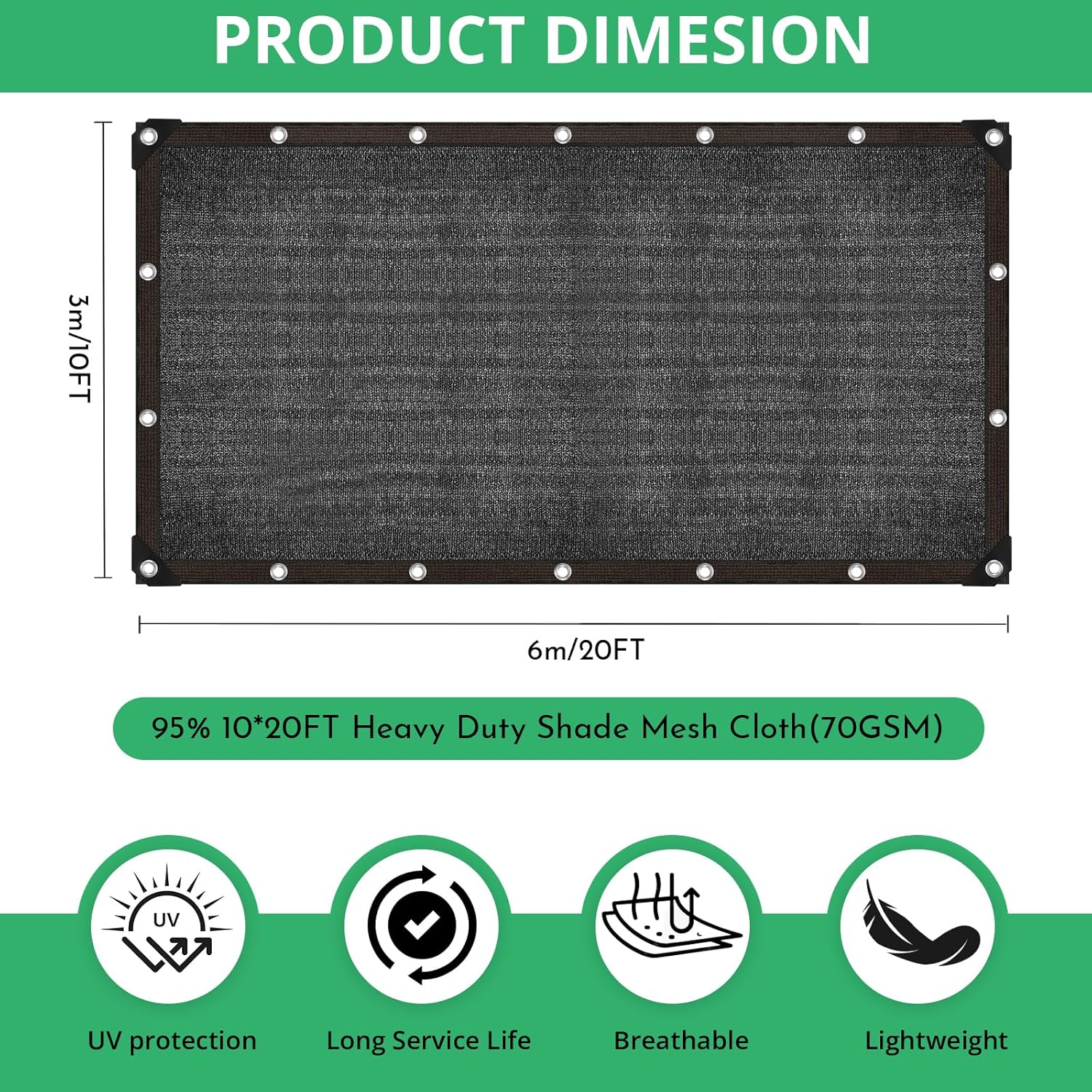 Garden 90% Shade Mesh Cloth, 10 x 20FT Sun Shade Net,Resistant Mesh Sun Shade Reinforced Grommets Shade Trap for Greenhouse,Plant,and Backyard Patio Sunshade,Pergola Black-3x6m