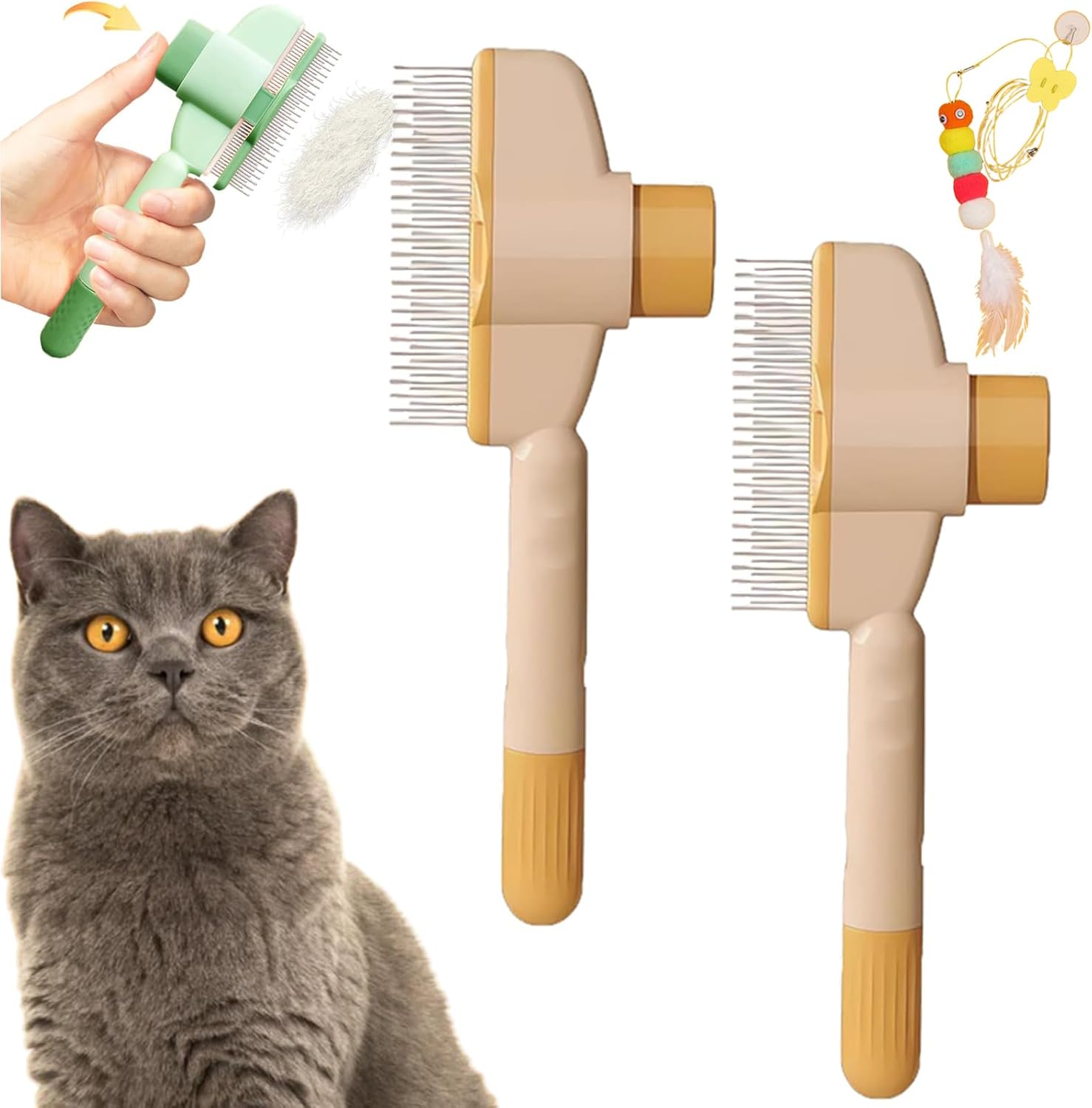 Avatore Zenbrush - Removes Fur & Relieves Pain, Zen Brush for Cats, Zenbrush Cat Comb, Self-Cleaning Cat Brush with Release Button, Cat Grooming Flea Brush for Short & Long Cat orange,2pcs