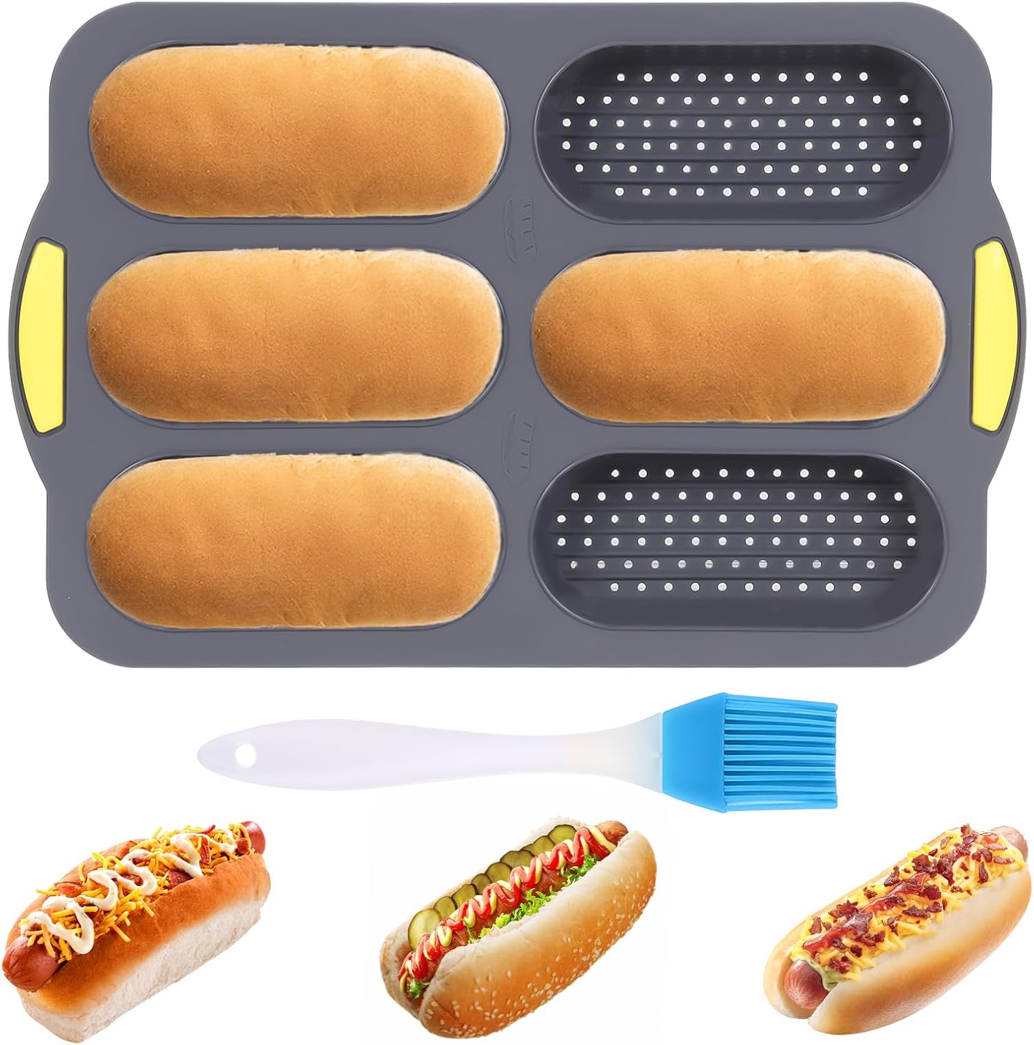 Hot Dog Bun Pan, Baguette Sandwich Baking Tray, with Oil Brush, Non-Stick Mold for French Bread, Sandwiches, Microwave, Oven Safe A