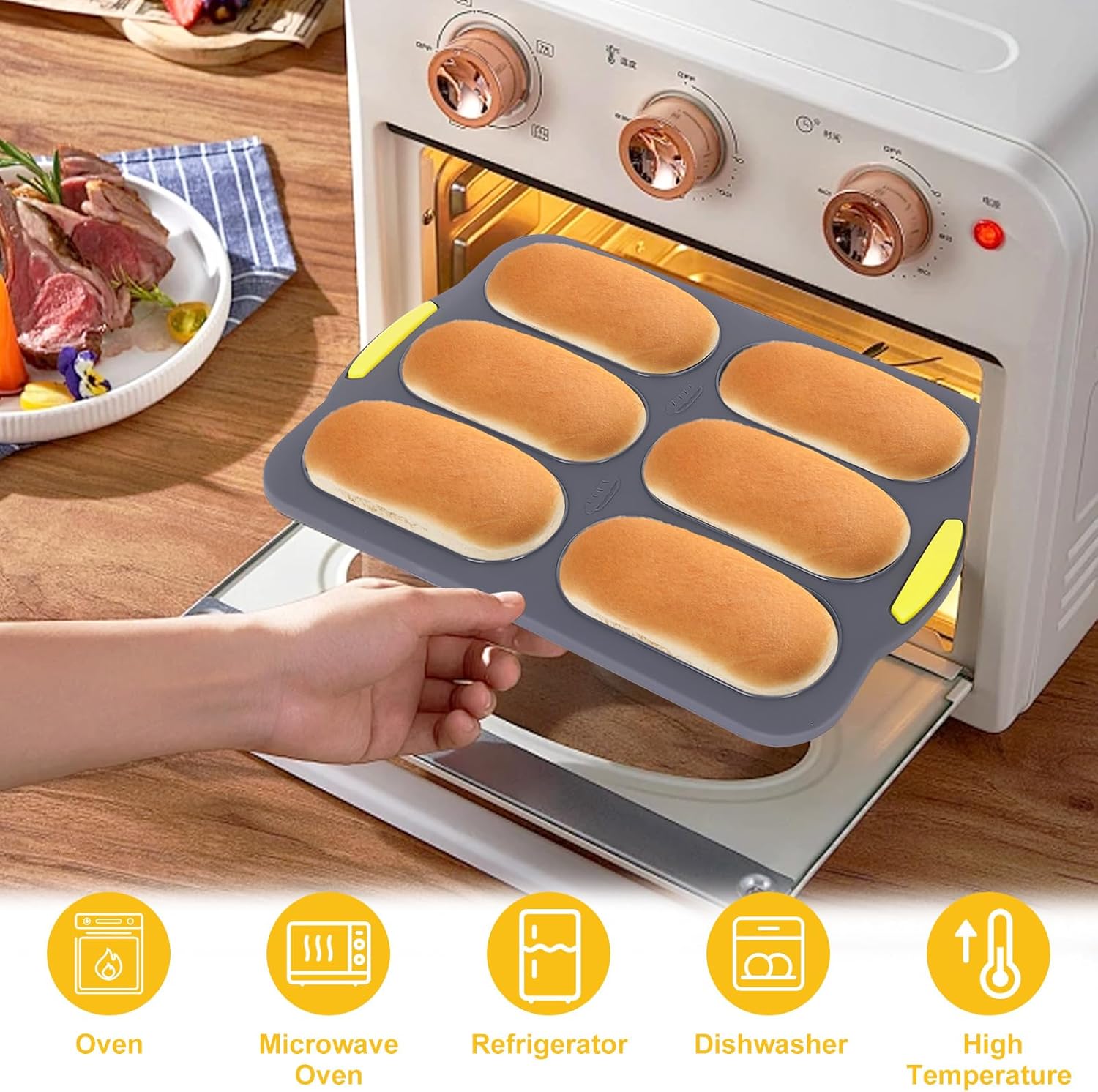 Hot Dog Bun Pan, Baguette Sandwich Baking Tray, with Oil Brush, Non-Stick Mold for French Bread, Sandwiches, Microwave, Oven Safe A