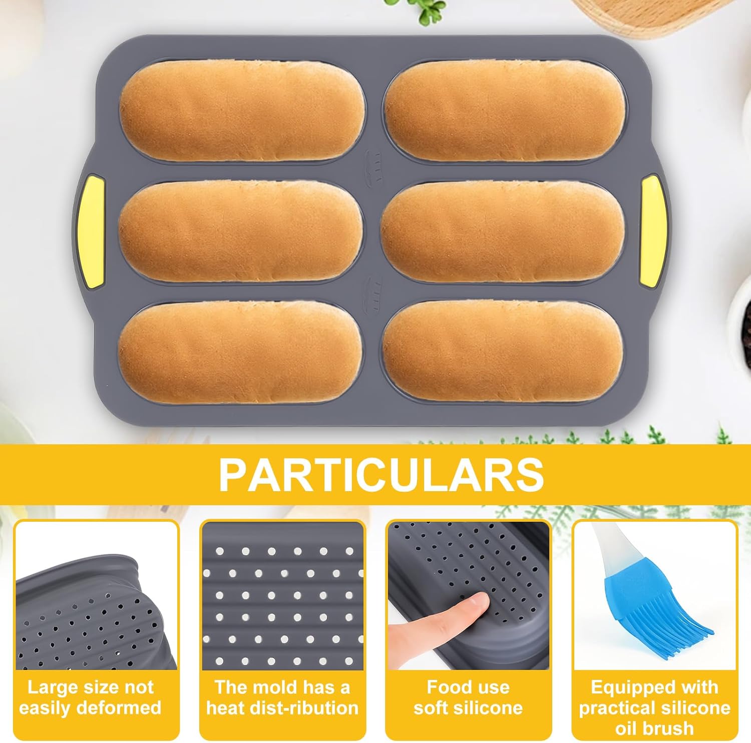 Hot Dog Bun Pan, Baguette Sandwich Baking Tray, with Oil Brush, Non-Stick Mold for French Bread, Sandwiches, Microwave, Oven Safe A