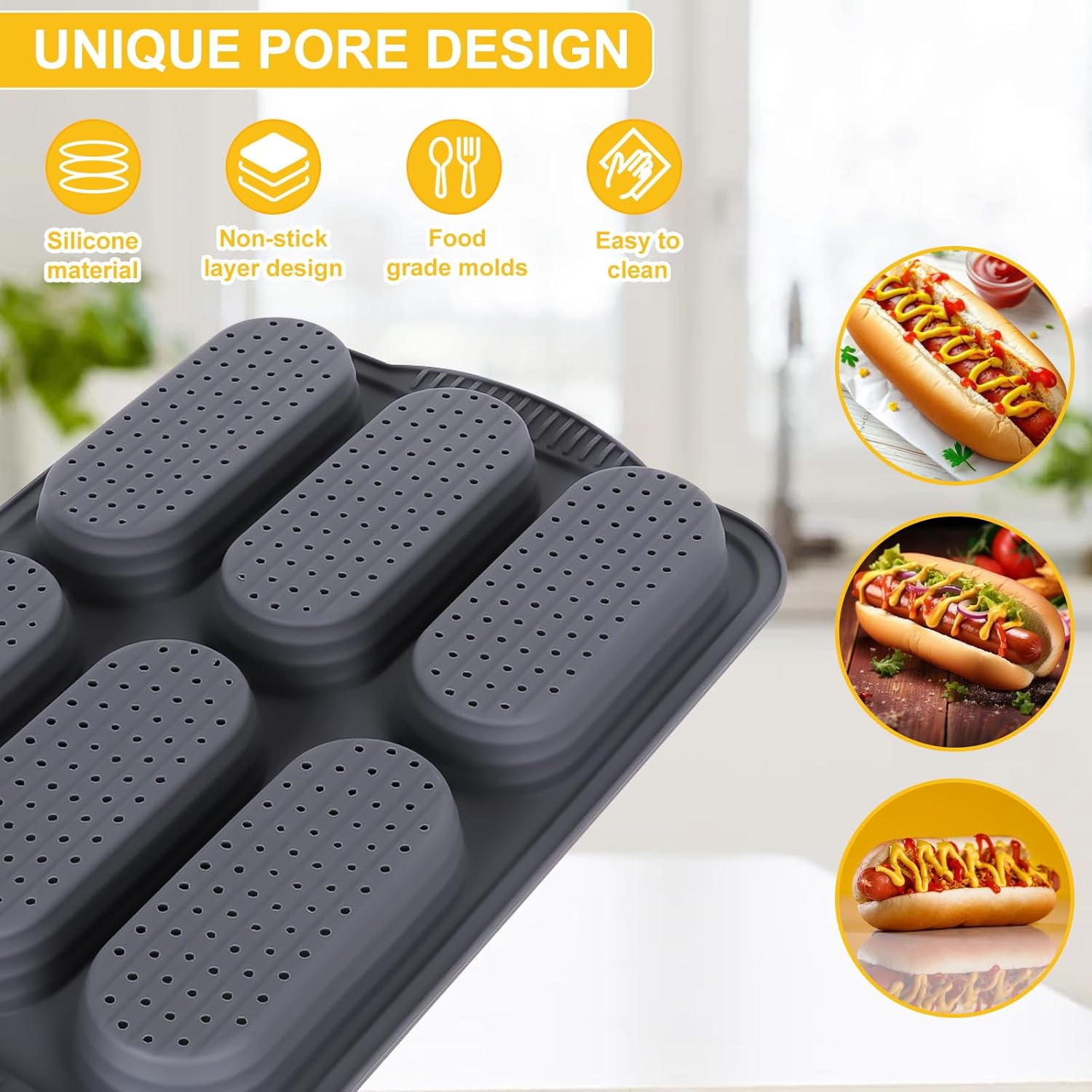 Hot Dog Bun Pan, Baguette Sandwich Baking Tray, with Oil Brush, Non-Stick Mold for French Bread, Sandwiches, Microwave, Oven Safe A