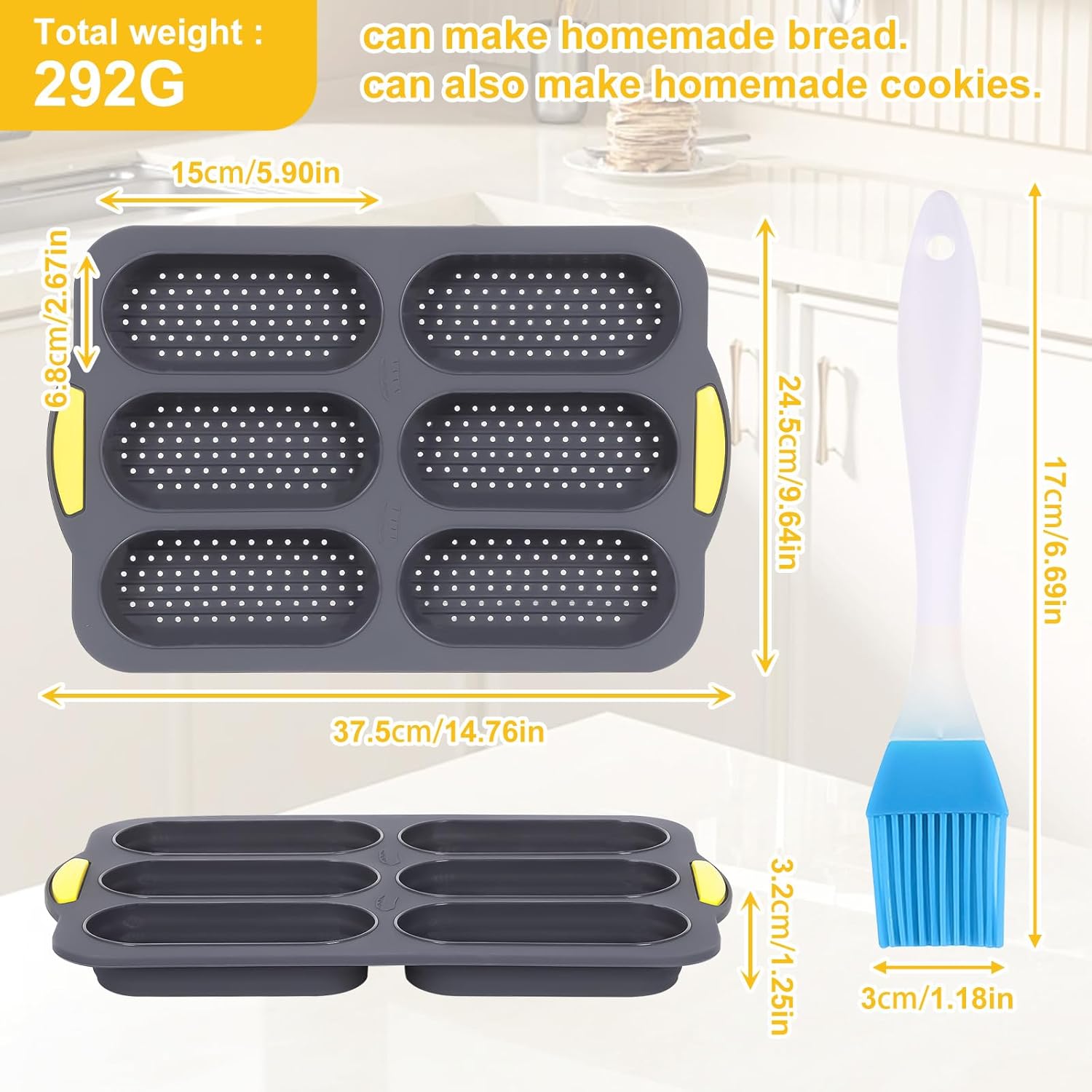 Hot Dog Bun Pan, Baguette Sandwich Baking Tray, with Oil Brush, Non-Stick Mold for French Bread, Sandwiches, Microwave, Oven Safe A