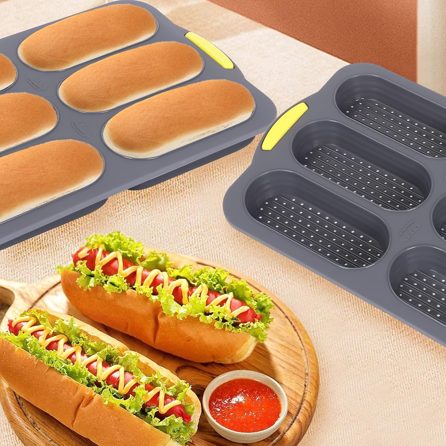 Hot Dog Bun Pan, Baguette Sandwich Baking Tray, with Oil Brush, Non-Stick Mold for French Bread, Sandwiches, Microwave, Oven Safe A