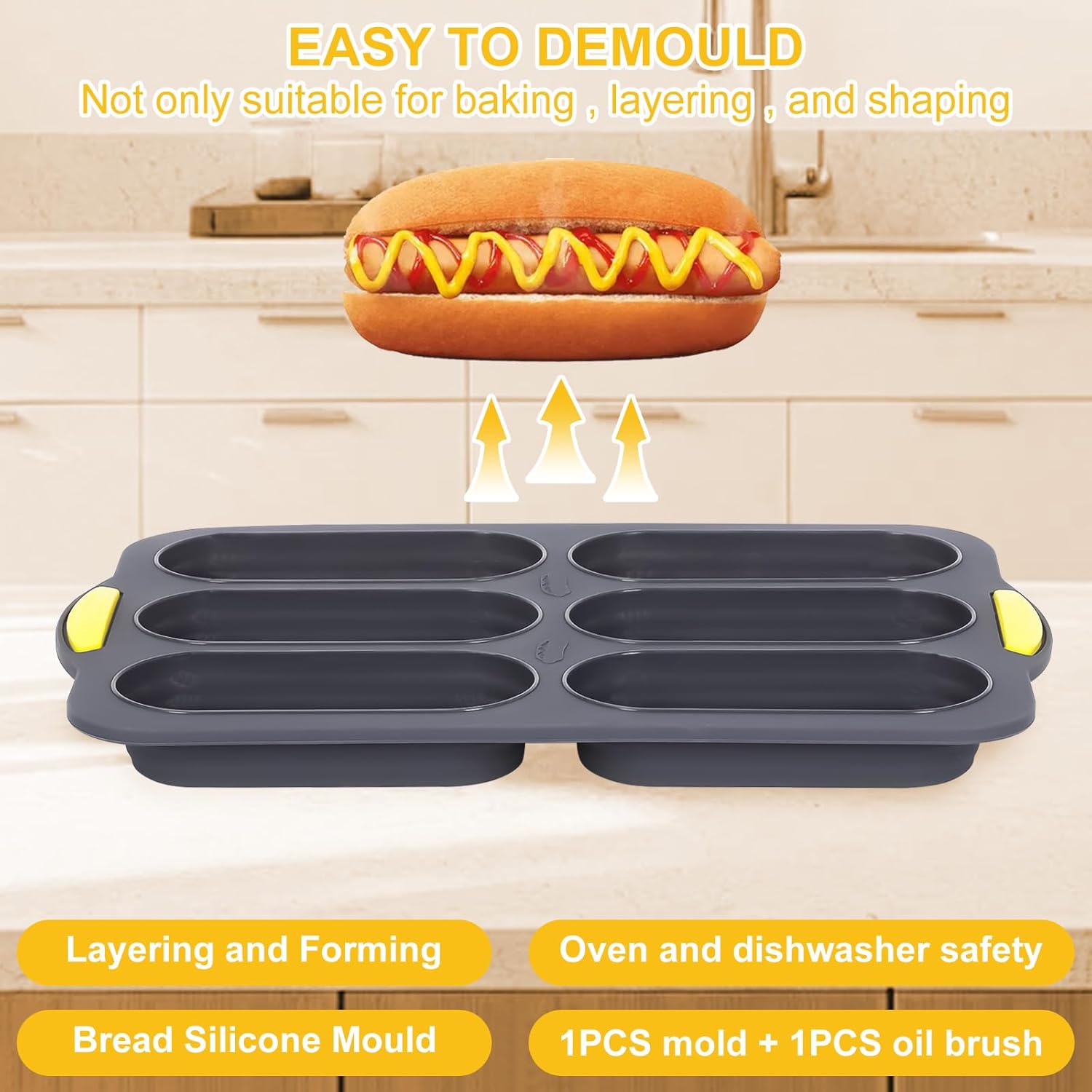 Hot Dog Bun Pan, Baguette Sandwich Baking Tray, with Oil Brush, Non-Stick Mold for French Bread, Sandwiches, Microwave, Oven Safe A