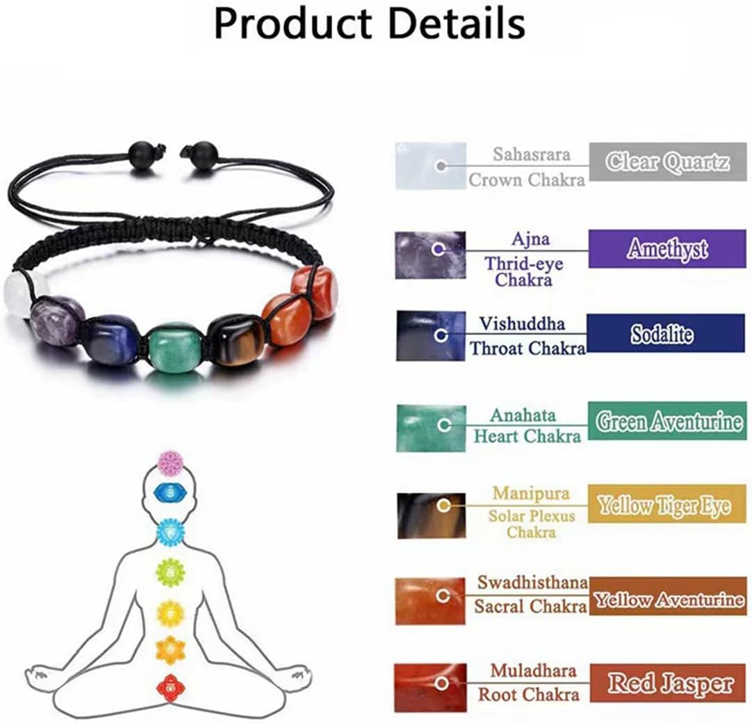 7 Chakra Bracelet, Beaded Braided Bracelet, Natural Gemstone 7 Chakra Healing Crystal Bracelet Anxiety Braided Bracelet Yoga Reiki Chakras Stone Beads Healing Crystal Women Adjustable Jewellery, One