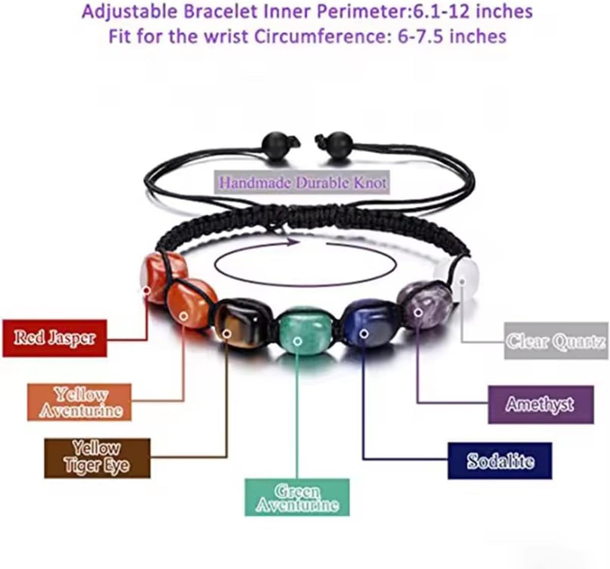7 Chakra Bracelet, Beaded Braided Bracelet, Natural Gemstone 7 Chakra Healing Crystal Bracelet Anxiety Braided Bracelet Yoga Reiki Chakras Stone Beads Healing Crystal Women Adjustable Jewellery, One