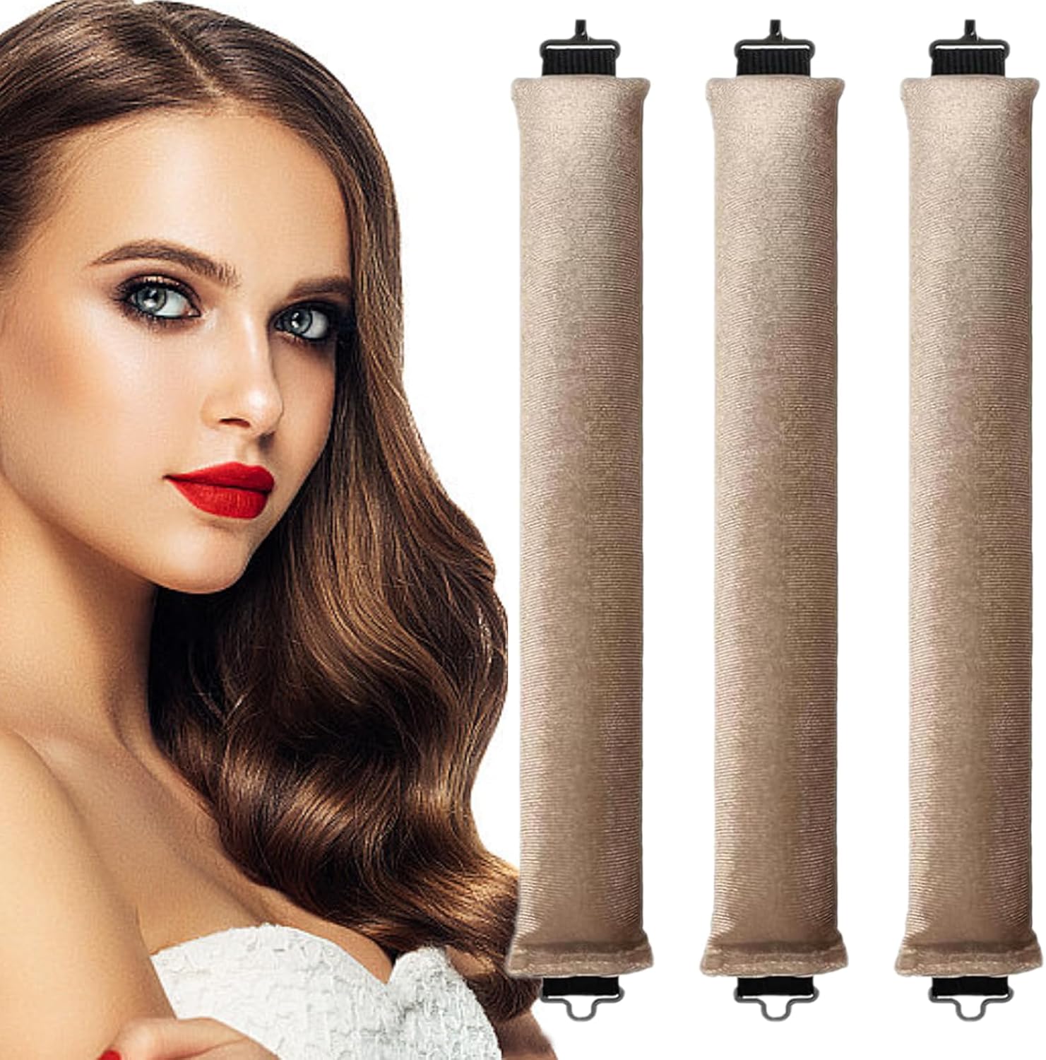 Heatless Hair Curler Set, 3 Pcs Hair Curlers No Heat, Heatless Overnight Blowout Rods with Hook for Hair Styling Tools Women Long Hair Rollers Kahki