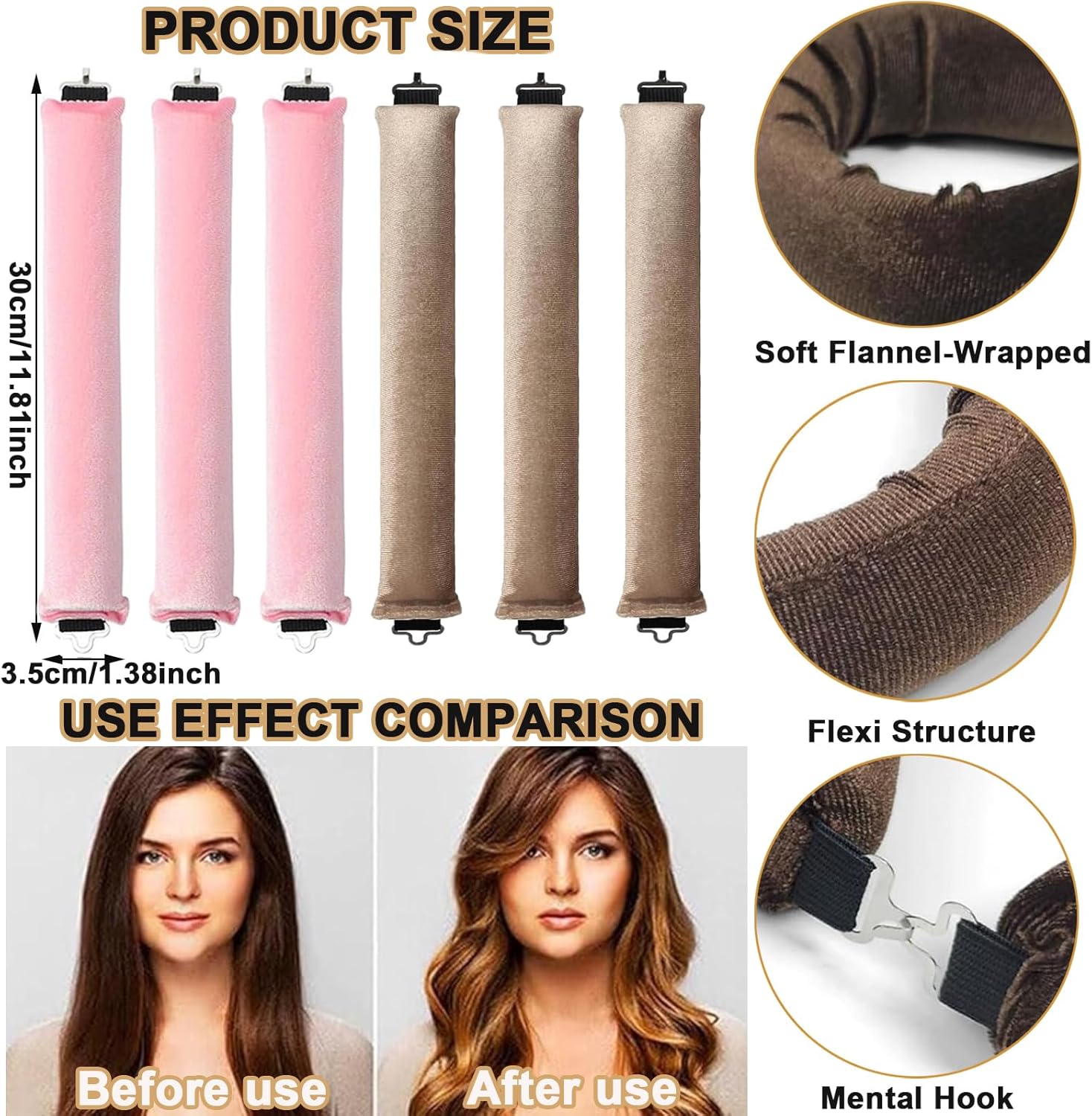 Heatless Hair Curler Set, 3 Pcs Hair Curlers No Heat, Heatless Overnight Blowout Rods with Hook for Hair Styling Tools Women Long Hair Rollers Kahki