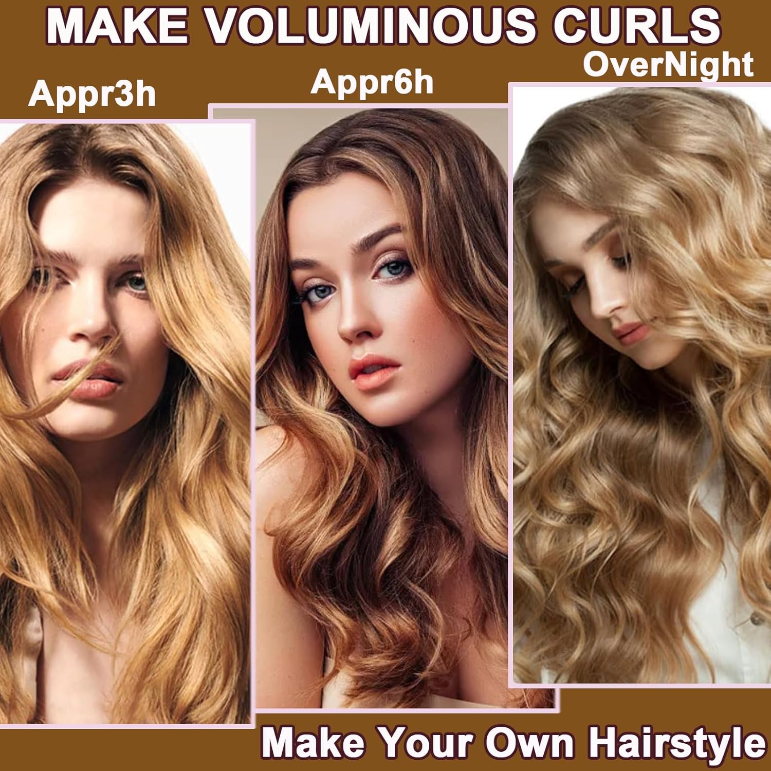 Heatless Hair Curler Set, 3 Pcs Hair Curlers No Heat, Heatless Overnight Blowout Rods with Hook for Hair Styling Tools Women Long Hair Rollers Kahki