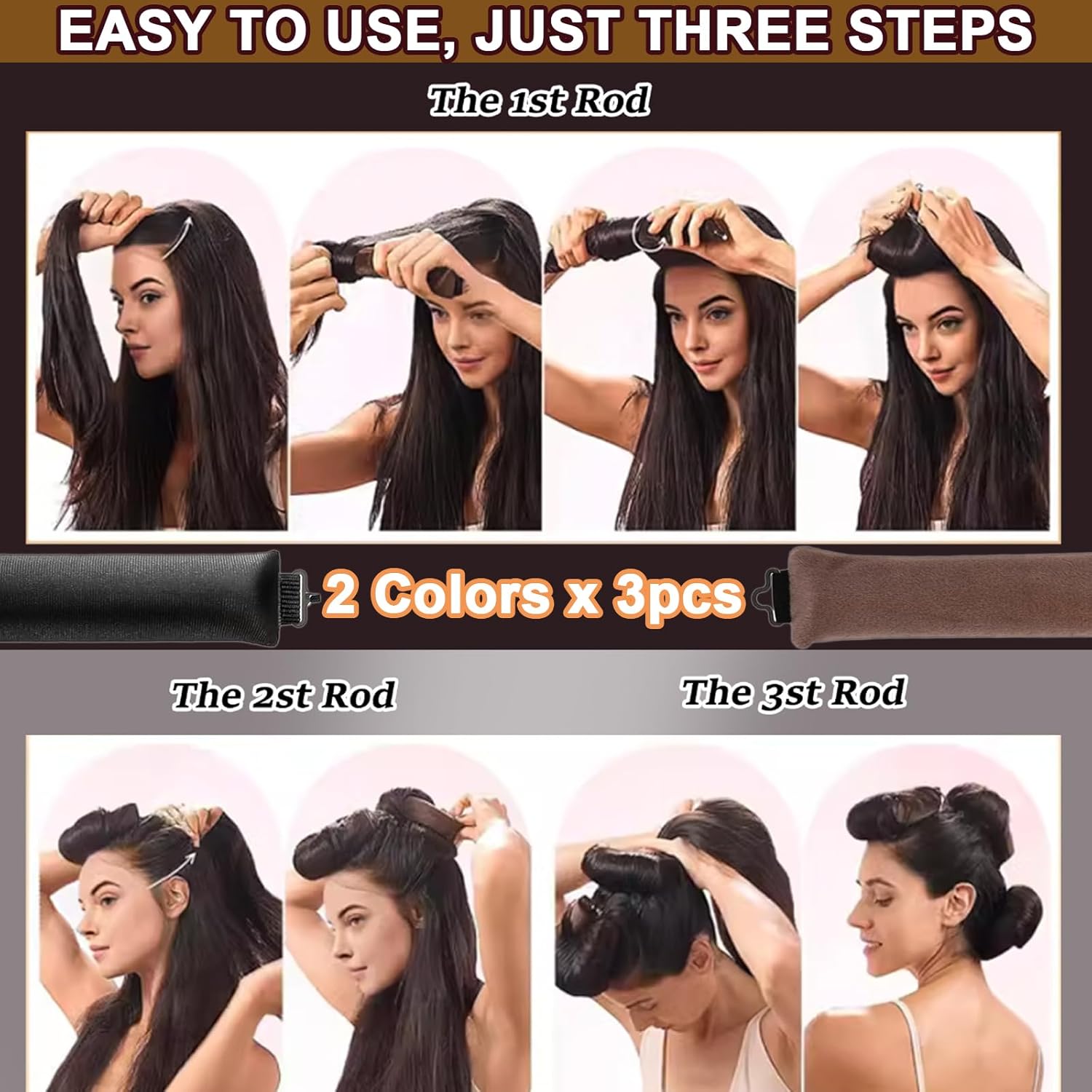 Heatless Hair Curler Set, 3 Pcs Hair Curlers No Heat, Heatless Overnight Blowout Rods with Hook for Hair Styling Tools Women Long Hair Rollers Kahki