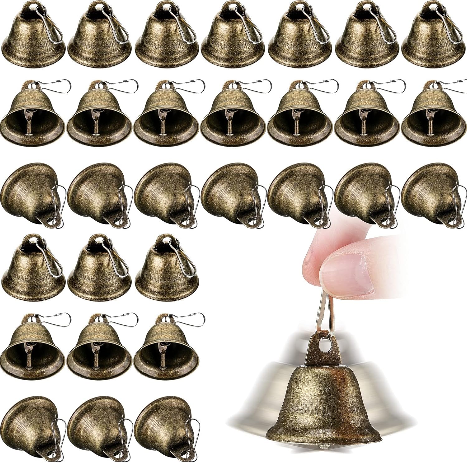 30 Pieces Craft Bells Small Brass Bells for Crafts Vintage Bells with Spring Hooks for Hanging Wind Chimes Making Dog Training Doorbell Christmas Tree Wedding Decor, 1.65 x 1.5 Inch Bronze