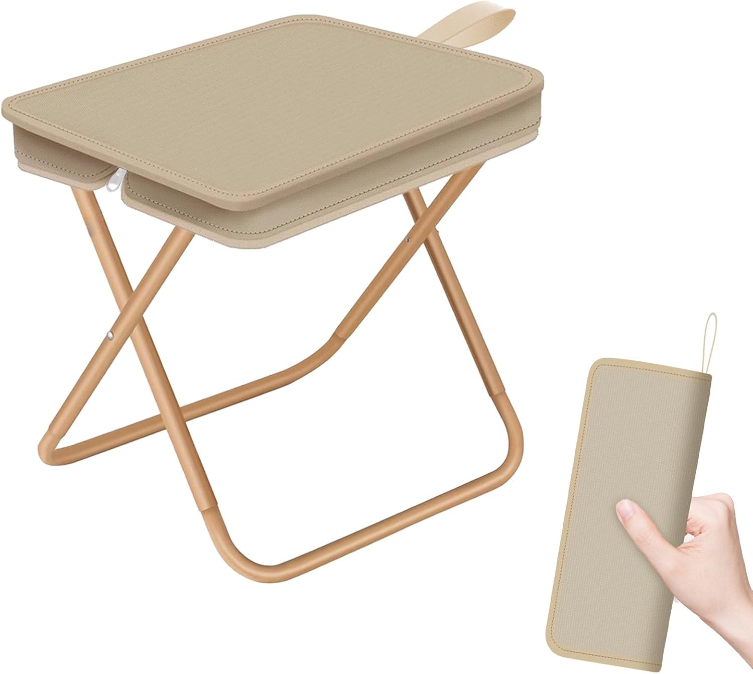 Folding Stool, Portable Camping Stool with Carry Bag, Retractable Foot Rest, Outdoor Folding Chair Stool, Ultralight Beach Fishing Chairs for Outdoors Cream