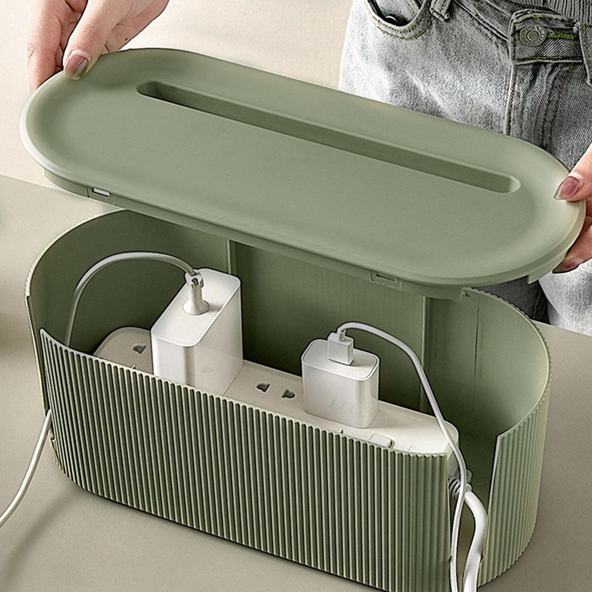 Cord Hider with Multi-Port Design Durable Power Strip Organizer Box Wire Plug Board Storage Ethernet Cable Storage Data Cable Box Green