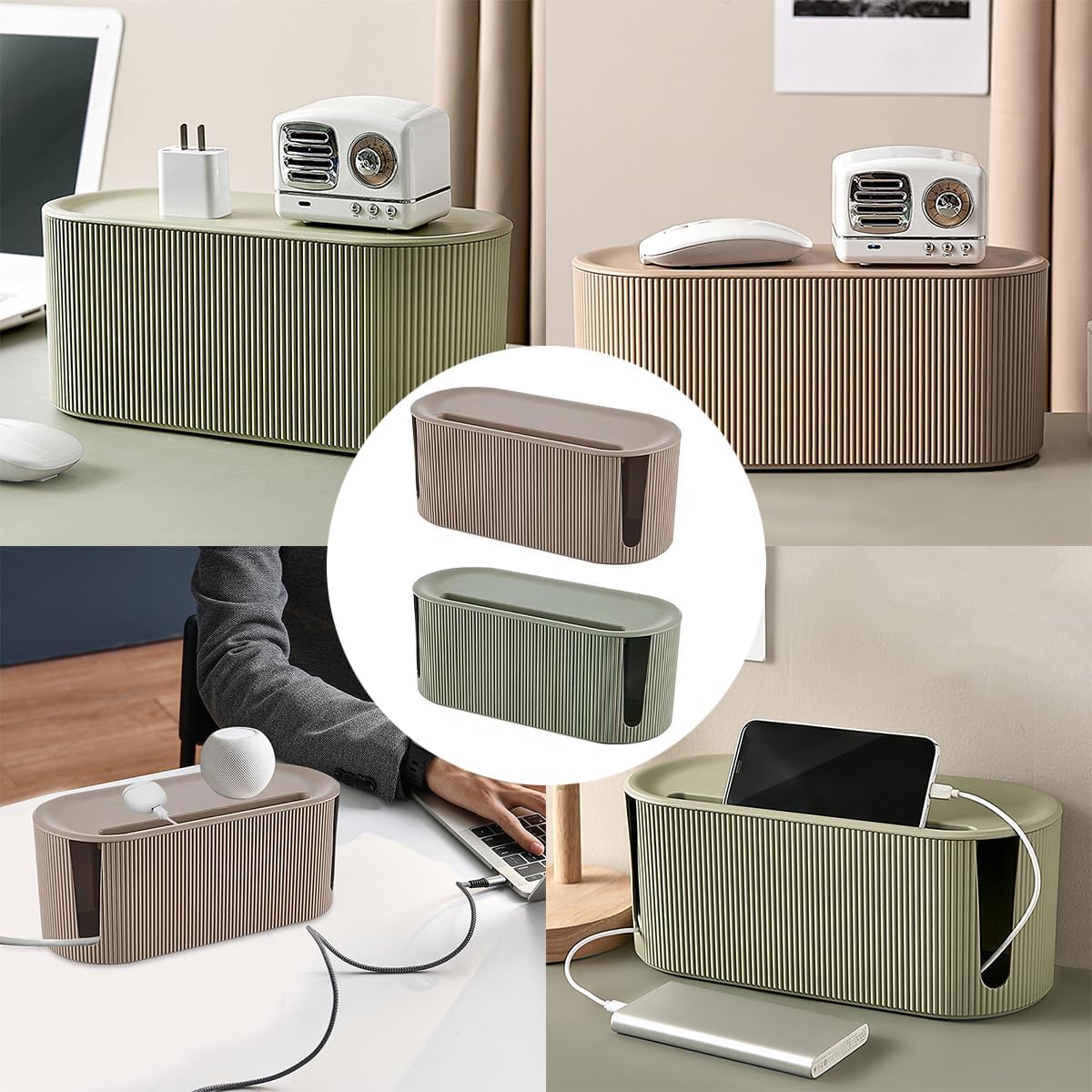 Cord Hider with Multi-Port Design Durable Power Strip Organizer Box Wire Plug Board Storage Ethernet Cable Storage Data Cable Box Green
