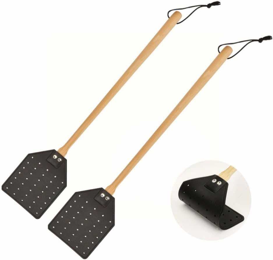 2Pcs Fly Swatter, Heavy Duty Fly Swatter with Long Wood Handle and Hanging Rope Durable for Indoor Outdoor Home Fly Black