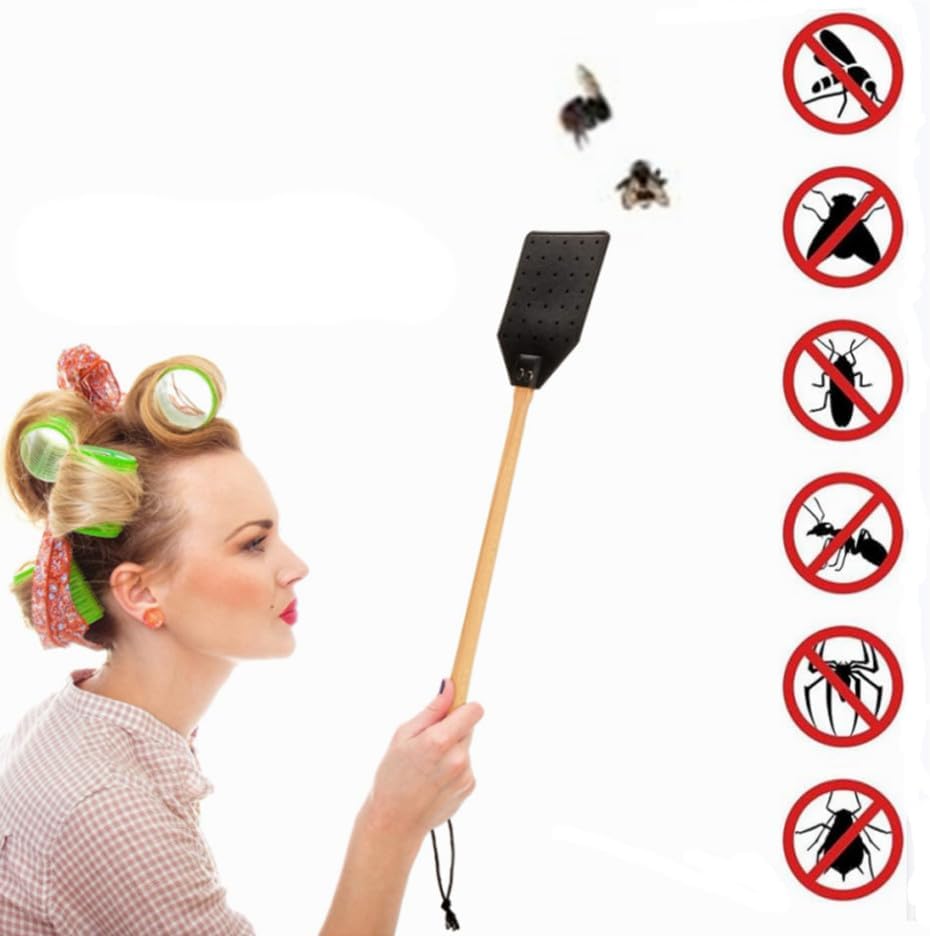 2Pcs Fly Swatter, Heavy Duty Fly Swatter with Long Wood Handle and Hanging Rope Durable for Indoor Outdoor Home Fly Black