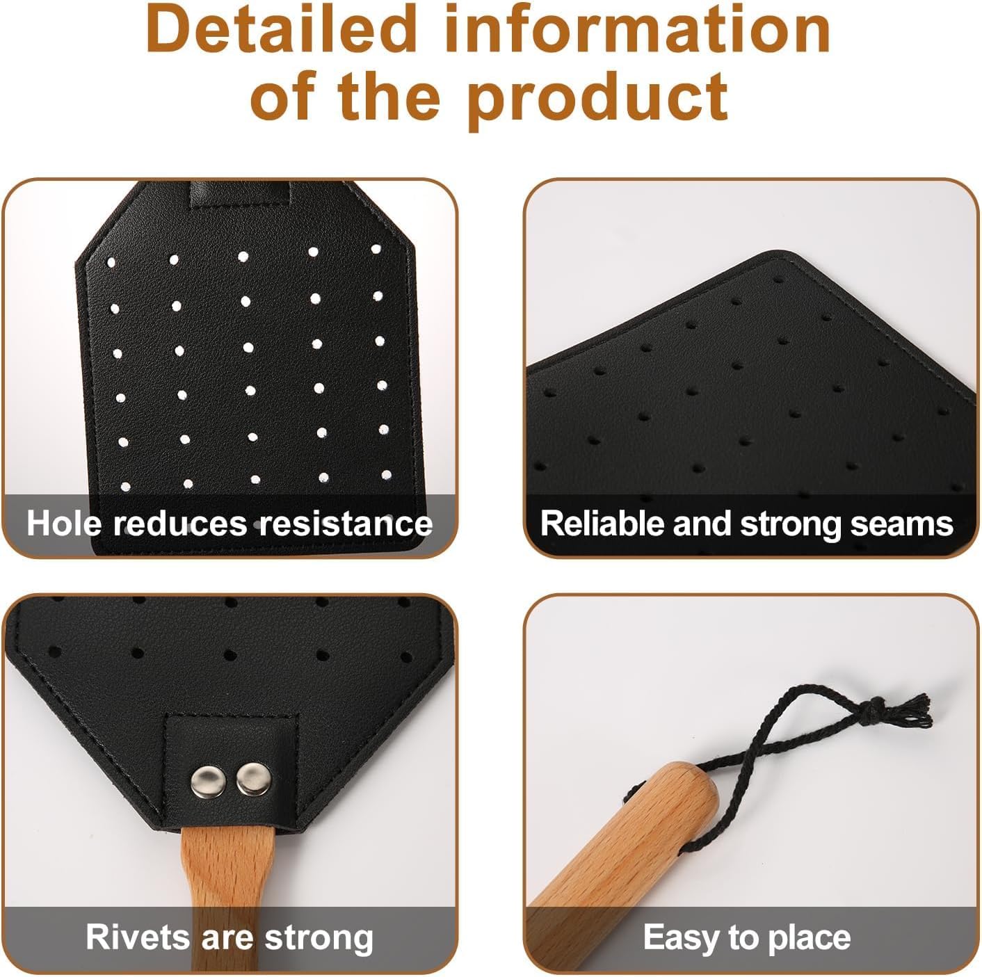 2Pcs Fly Swatter, Heavy Duty Fly Swatter with Long Wood Handle and Hanging Rope Durable for Indoor Outdoor Home Fly Black