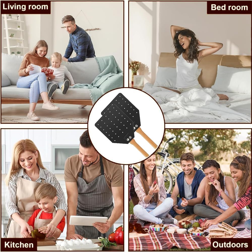 2Pcs Fly Swatter, Heavy Duty Fly Swatter with Long Wood Handle and Hanging Rope Durable for Indoor Outdoor Home Fly Black