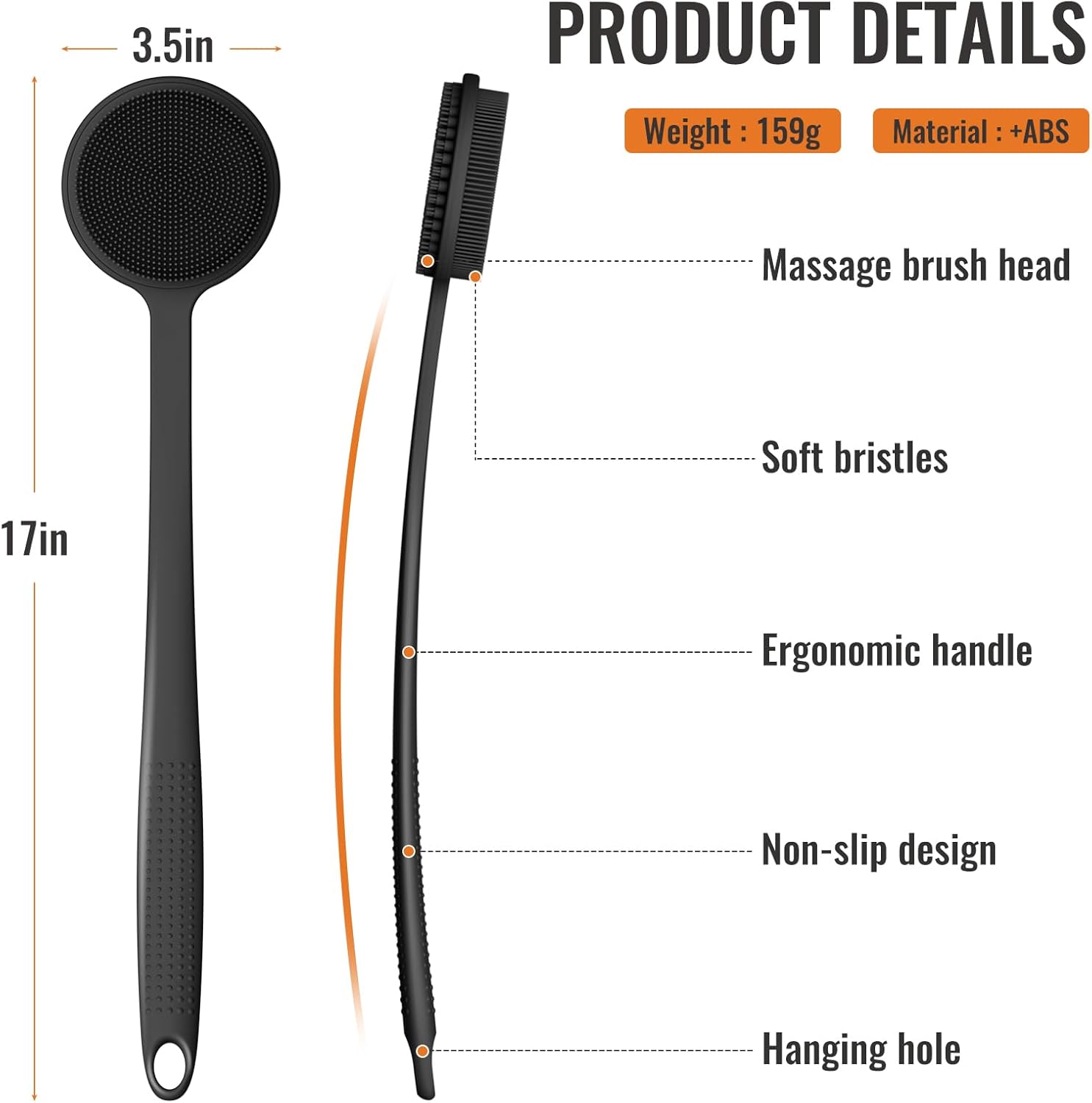 Silicone Back Scrubber for Shower, 17in Lengthen Long Handle Body Brush, Double Sided Shower Brush for Shower Exfoliating and Massage Can Produce Rich Foam, Long Handle Back Scrubber for Men and Women Carbon black