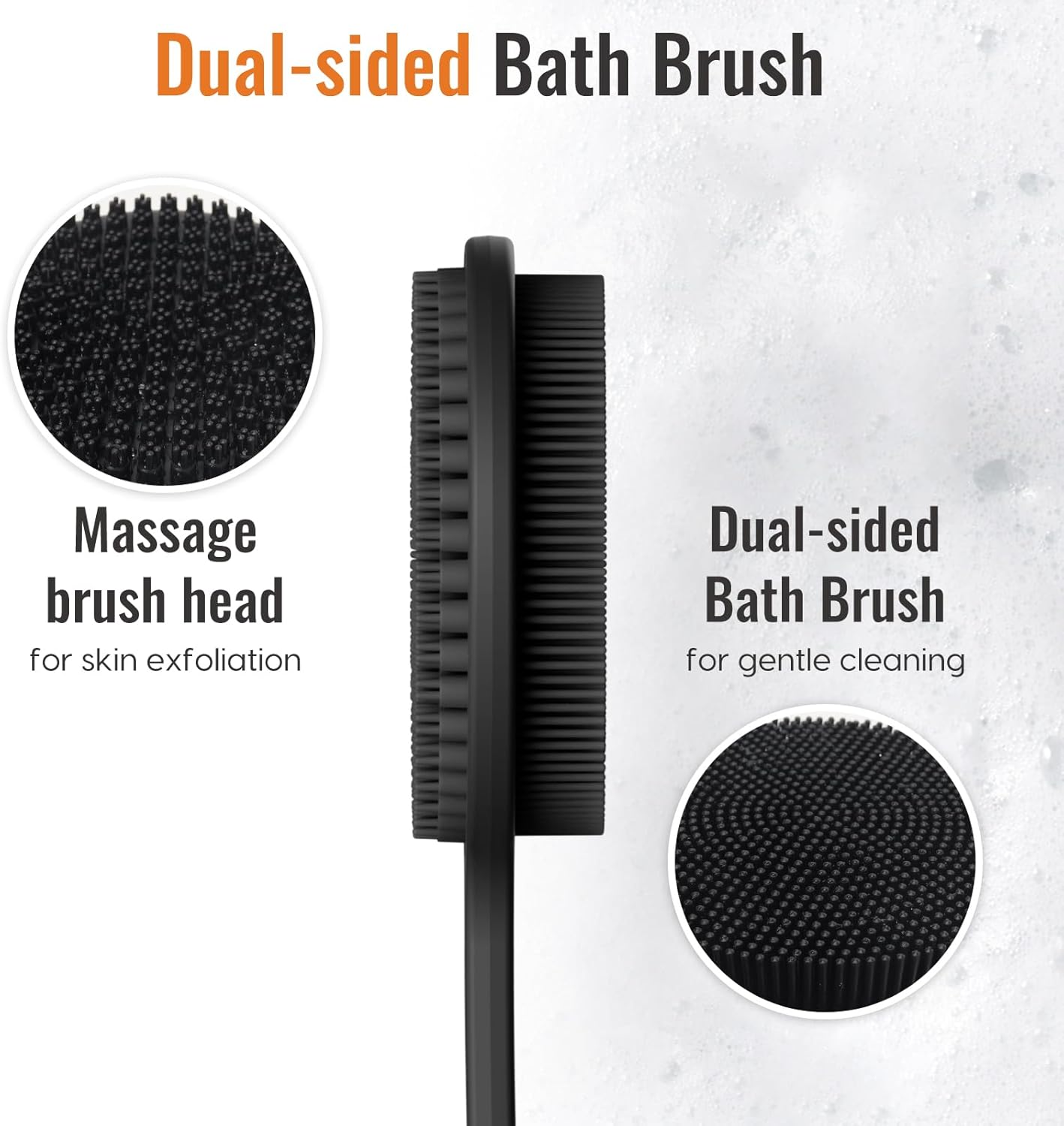 Silicone Back Scrubber for Shower, 17in Lengthen Long Handle Body Brush, Double Sided Shower Brush for Shower Exfoliating and Massage Can Produce Rich Foam, Long Handle Back Scrubber for Men and Women Carbon black