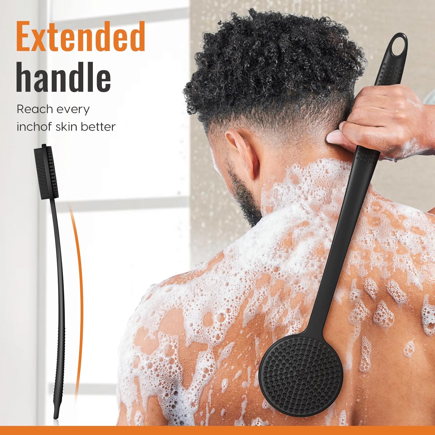 Silicone Back Scrubber for Shower, 17in Lengthen Long Handle Body Brush, Double Sided Shower Brush for Shower Exfoliating and Massage Can Produce Rich Foam, Long Handle Back Scrubber for Men and Women Carbon black