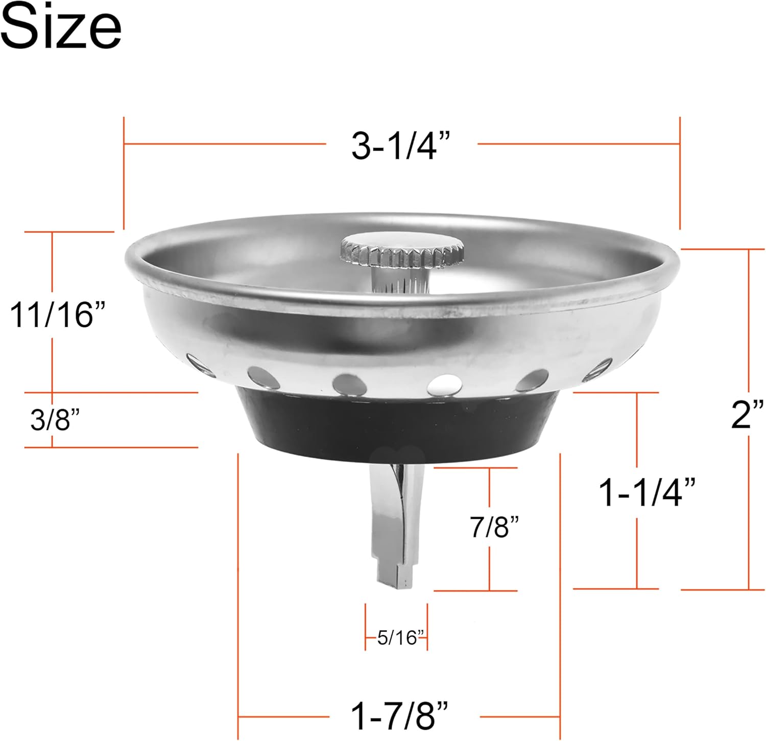2 Pack - Kitchen Sink Strainer and Stopper Combo Basket Replacement for Standard 3-1/2 inch Drain, Stainless Steel Basket with Plastic Knob, Rubber Stopper Bottom -