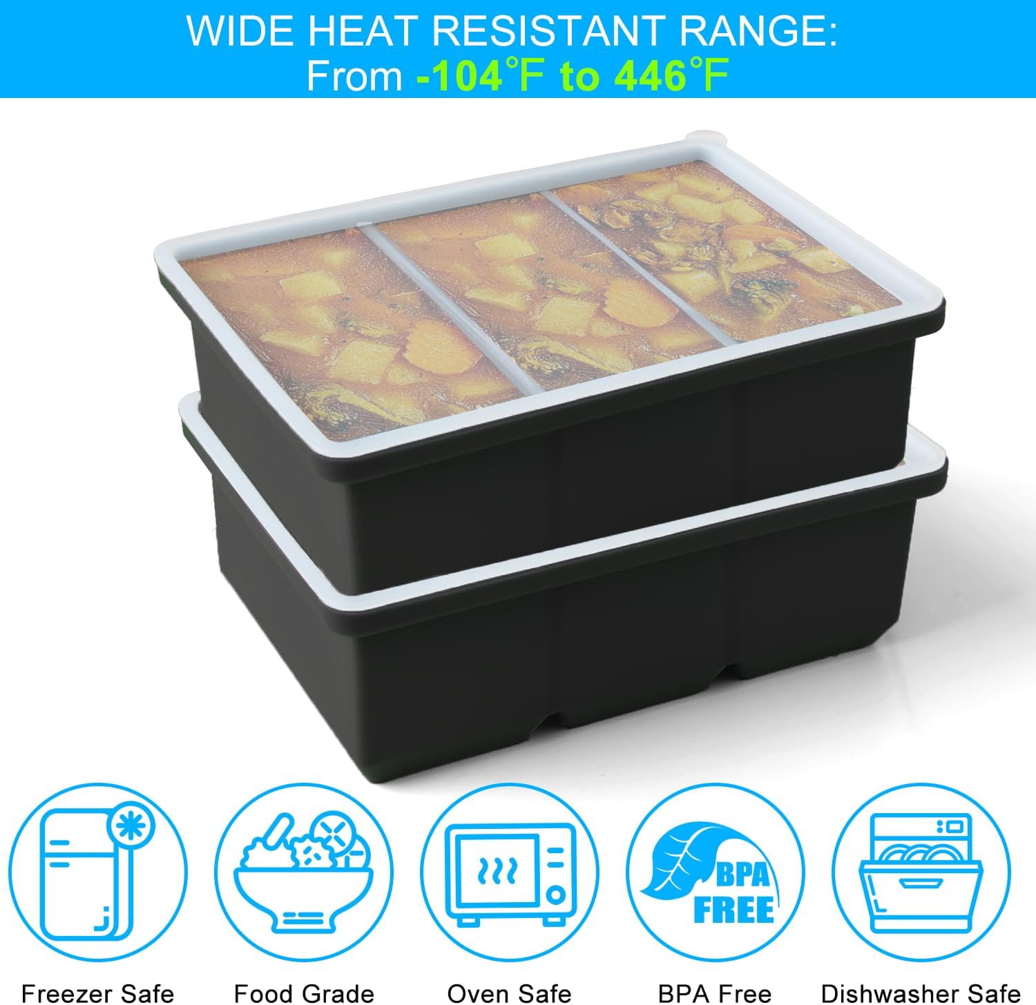Silicone Ice Cube Trays with Lid for Soup,2 Pack Freezer Container Molds,Easy Release Large Ice Cube Trays-Makes 6 Perfect 1 Cup Portions for Stews Sauces,Broth,Leftovers Storage,Dishwasher Safe