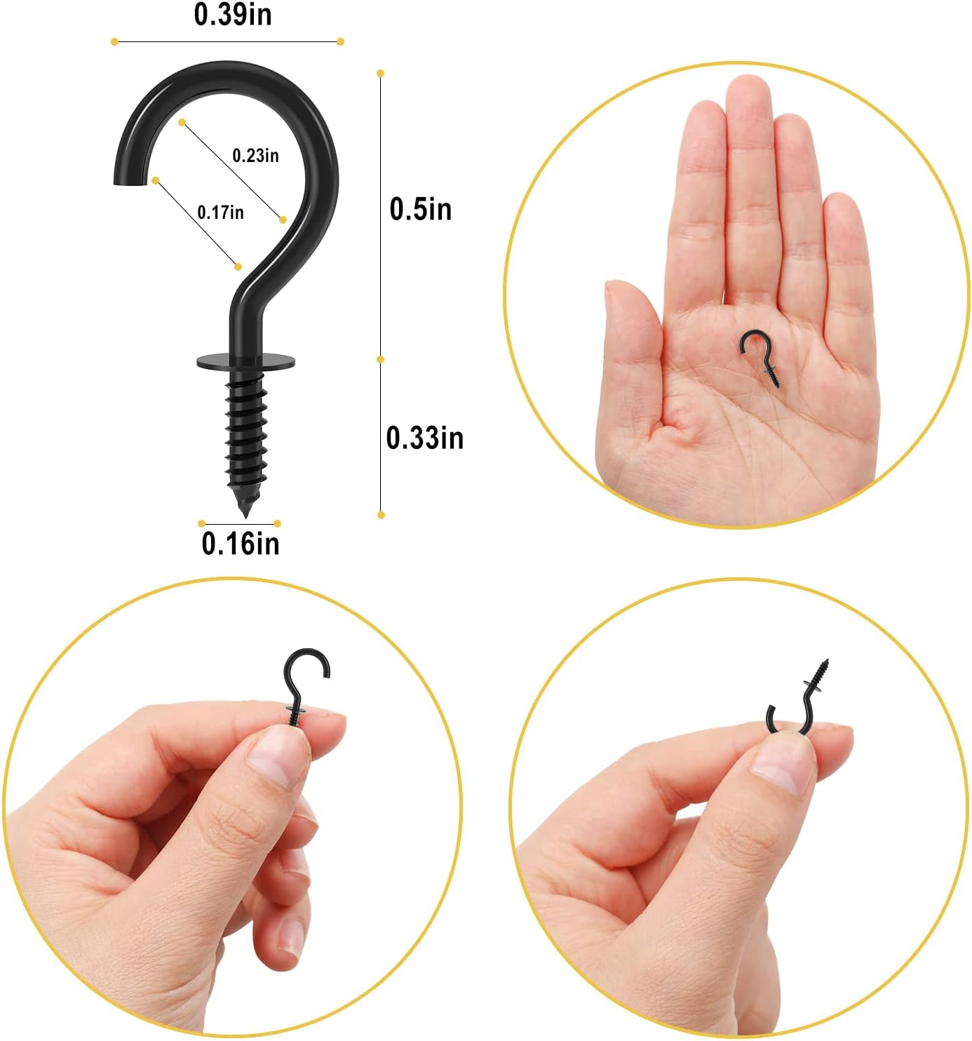 1/2 Inch Small Screw Hooks, 100 Pcs Black Mini Screw in Jewelry Hooks Tiny Metal Screw Wood Ceiling Wall Hooks for Jewelries Crafts Keys Caps Plants String Lights Wreaths