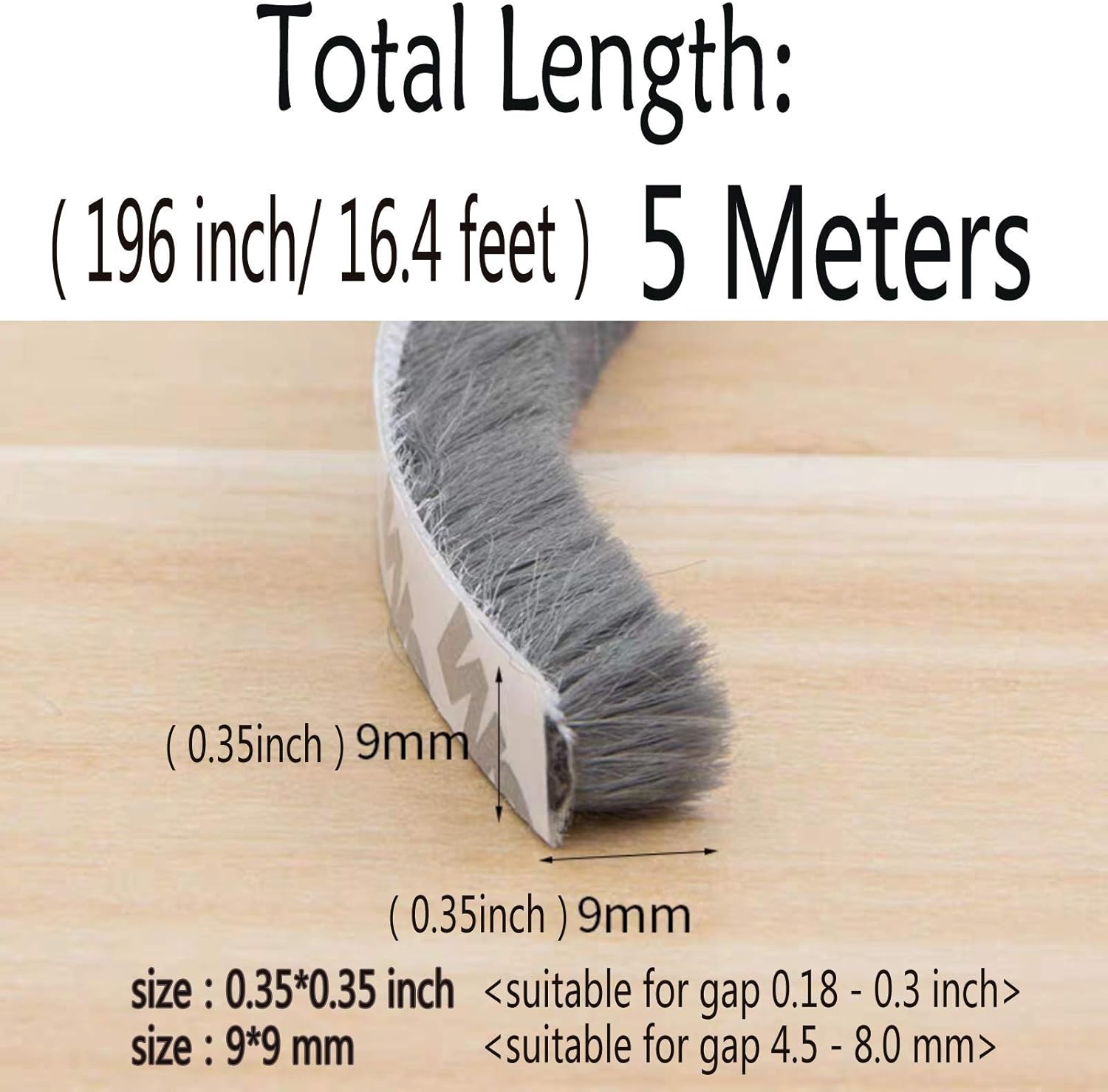 Self Adhesive Pile Weather Stripping Brush for Sliding Windows/Doors, Brush Window Seal Strip, Fuzzy Draft Stopper Weatherstrip Sealing Tape 5m/16.4ft, Grey