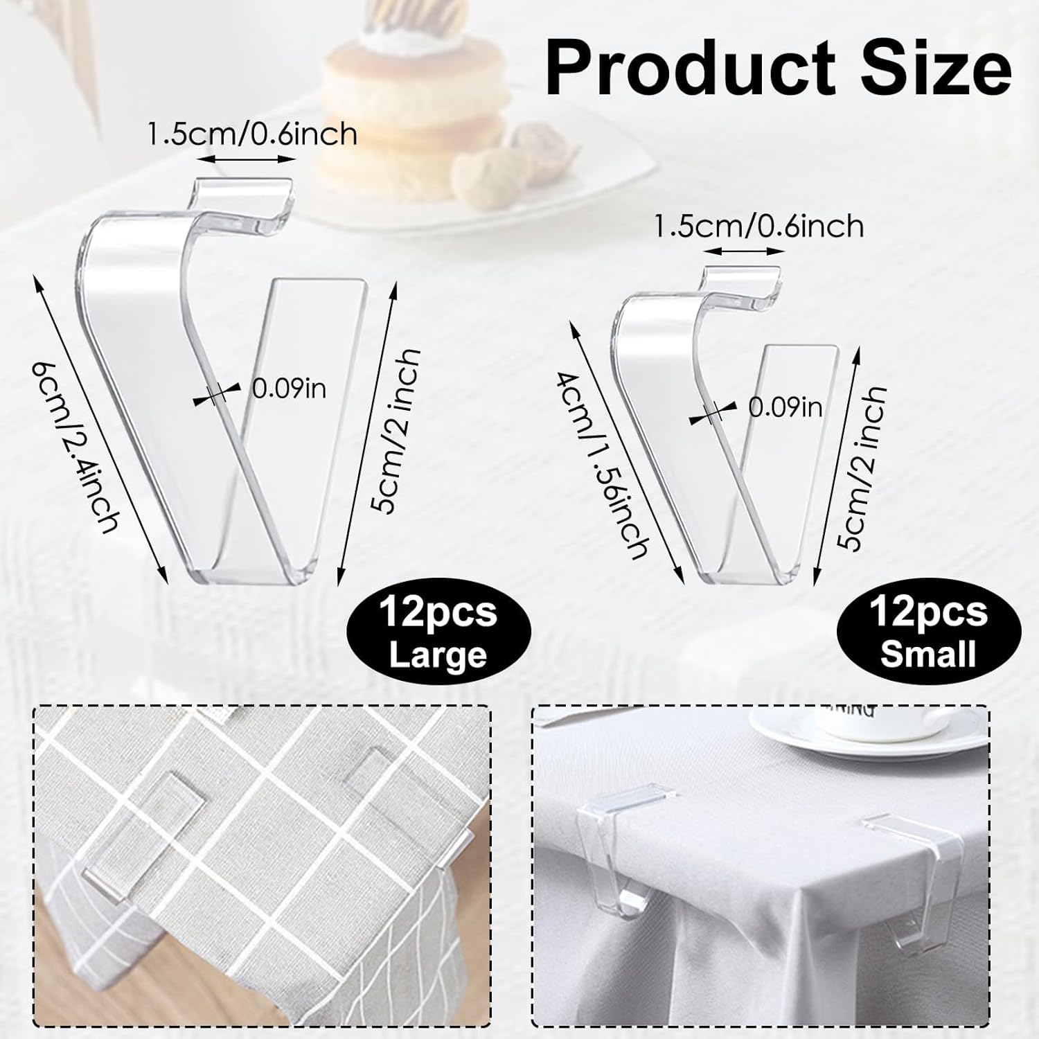 Table Cloth Clips, 24PCS Plastic Transparent Picnic Tablecloth Clips Large Windproof for Christmas Home Wedding Party Indoor Outdoor Camping 2 Sizes