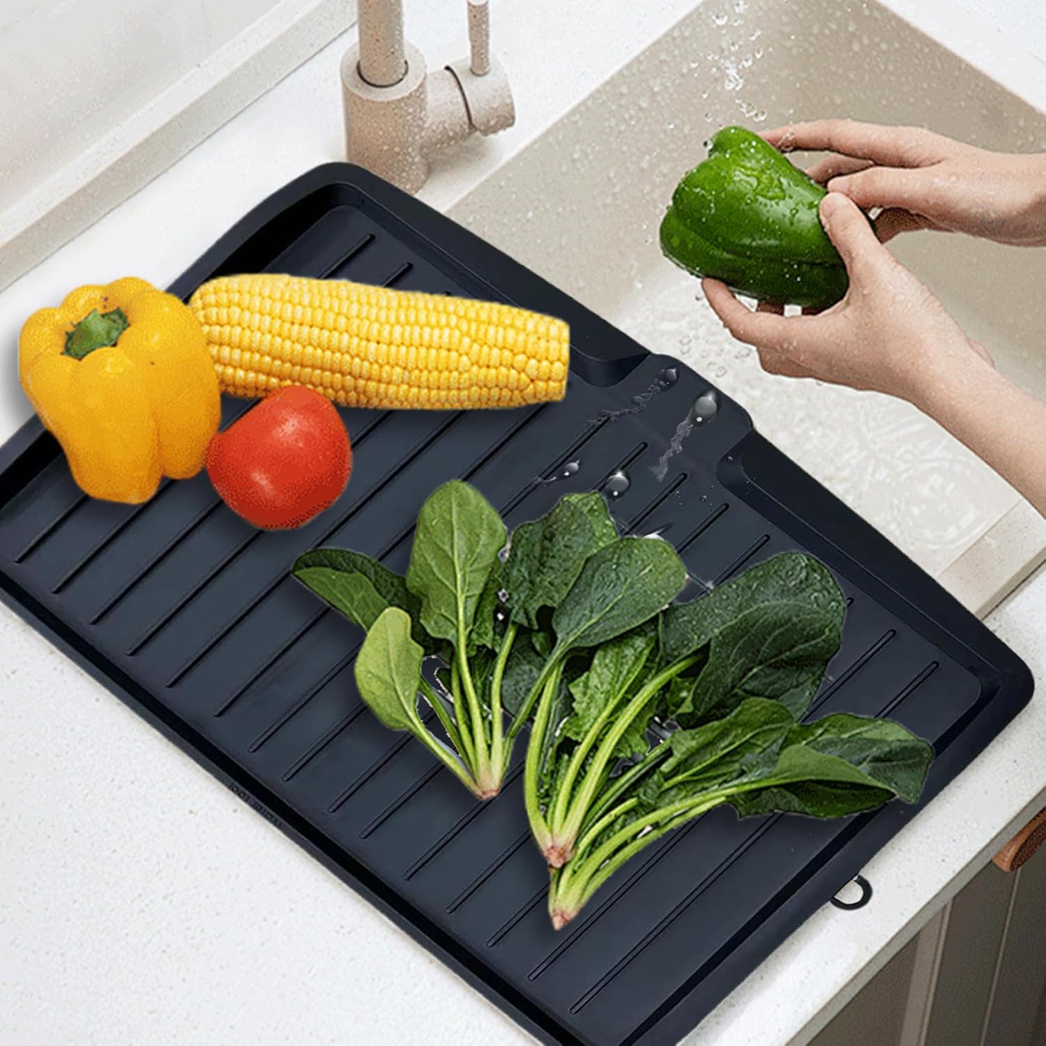 Dish Drain Board Tilt PP Dish Drainer 17.6x12.2x1.2in Quick Dry Dish Drain with Drain Port Multipurpose Dish Drying Rack Black