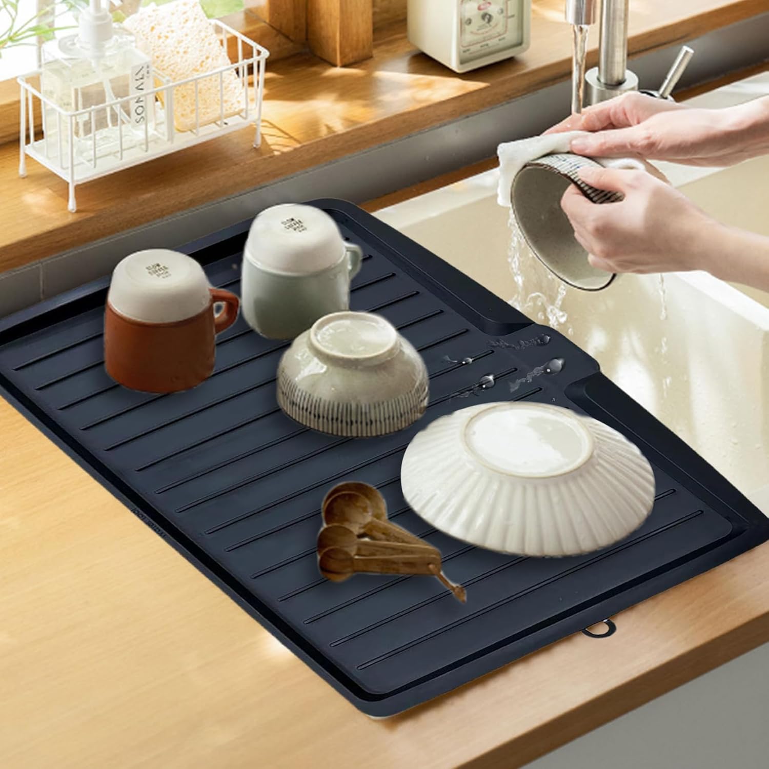 Dish Drain Board Tilt PP Dish Drainer 17.6x12.2x1.2in Quick Dry Dish Drain with Drain Port Multipurpose Dish Drying Rack Black