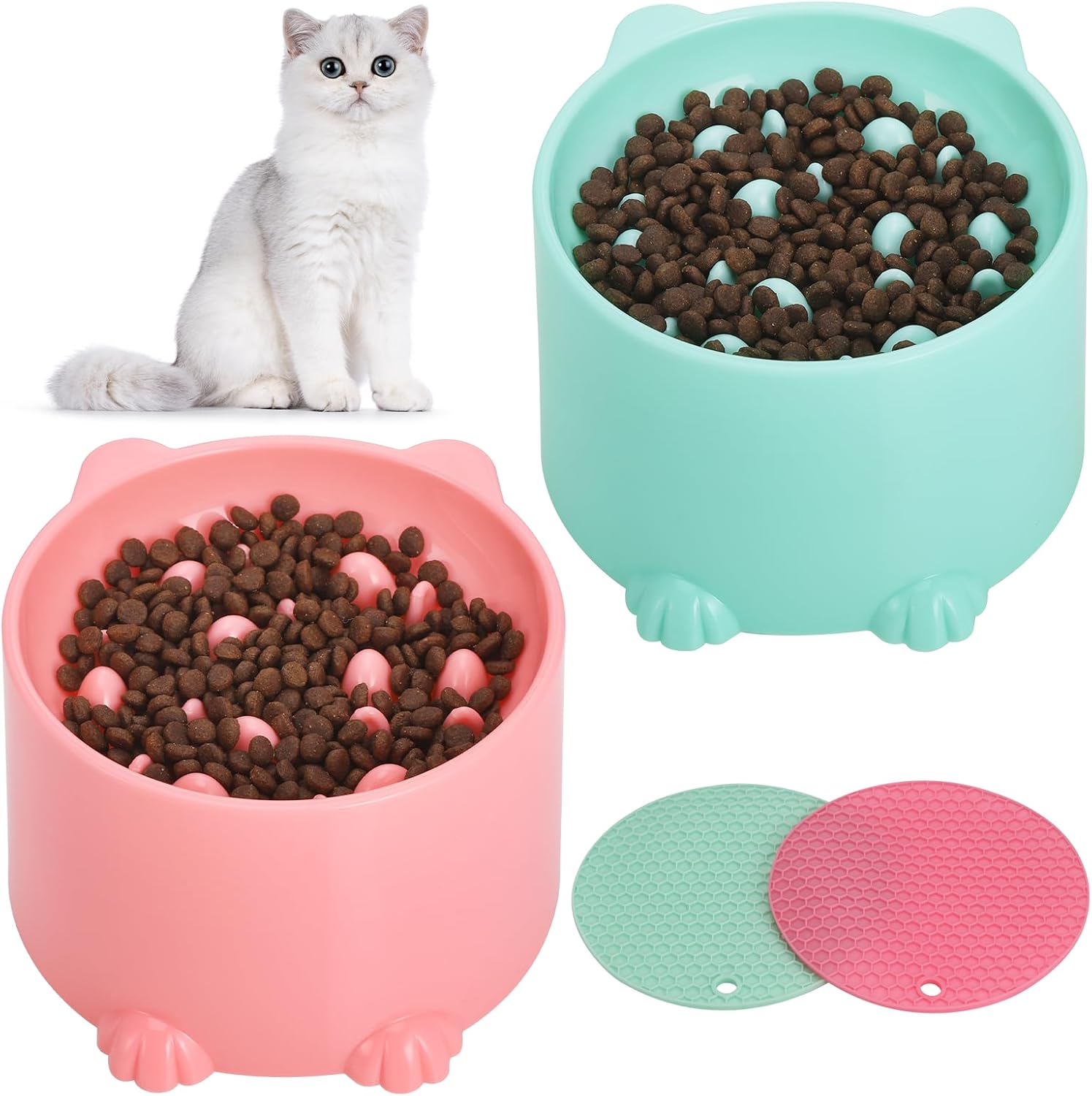 2-Pack Slow Feeder Cat Bowls, Raised Elevated Design with Anti-Slip Base & Ergonomic Neck Relief - Durable Plastic Pet Food Dishes Pink & Green