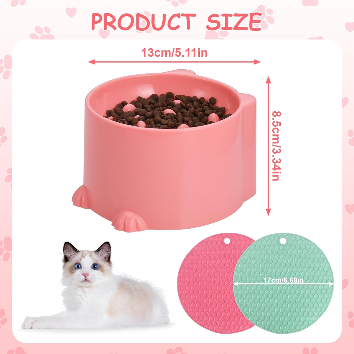 2-Pack Slow Feeder Cat Bowls, Raised Elevated Design with Anti-Slip Base & Ergonomic Neck Relief - Durable Plastic Pet Food Dishes Pink & Green