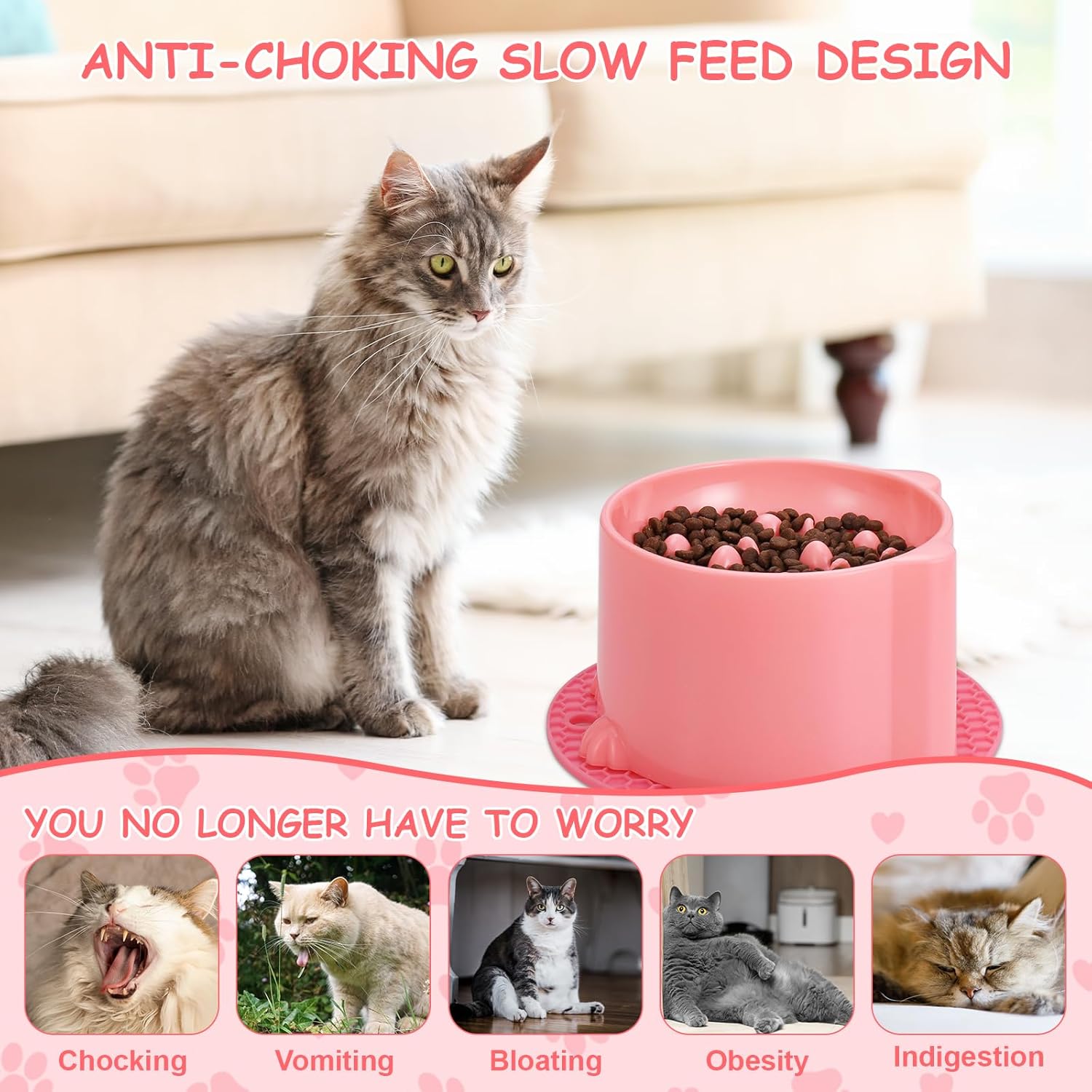 2-Pack Slow Feeder Cat Bowls, Raised Elevated Design with Anti-Slip Base & Ergonomic Neck Relief - Durable Plastic Pet Food Dishes Pink & Green