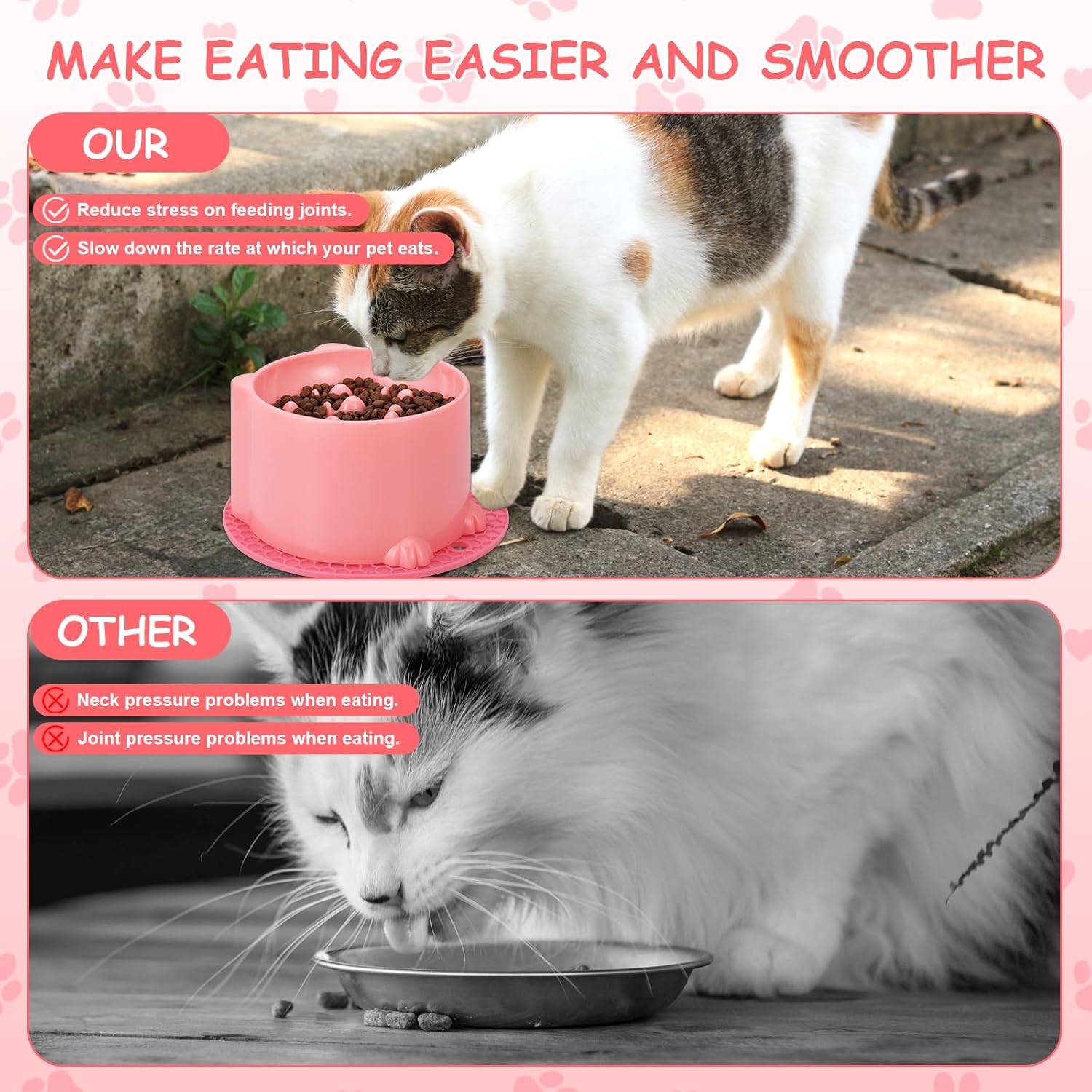 2-Pack Slow Feeder Cat Bowls, Raised Elevated Design with Anti-Slip Base & Ergonomic Neck Relief - Durable Plastic Pet Food Dishes Pink & Green