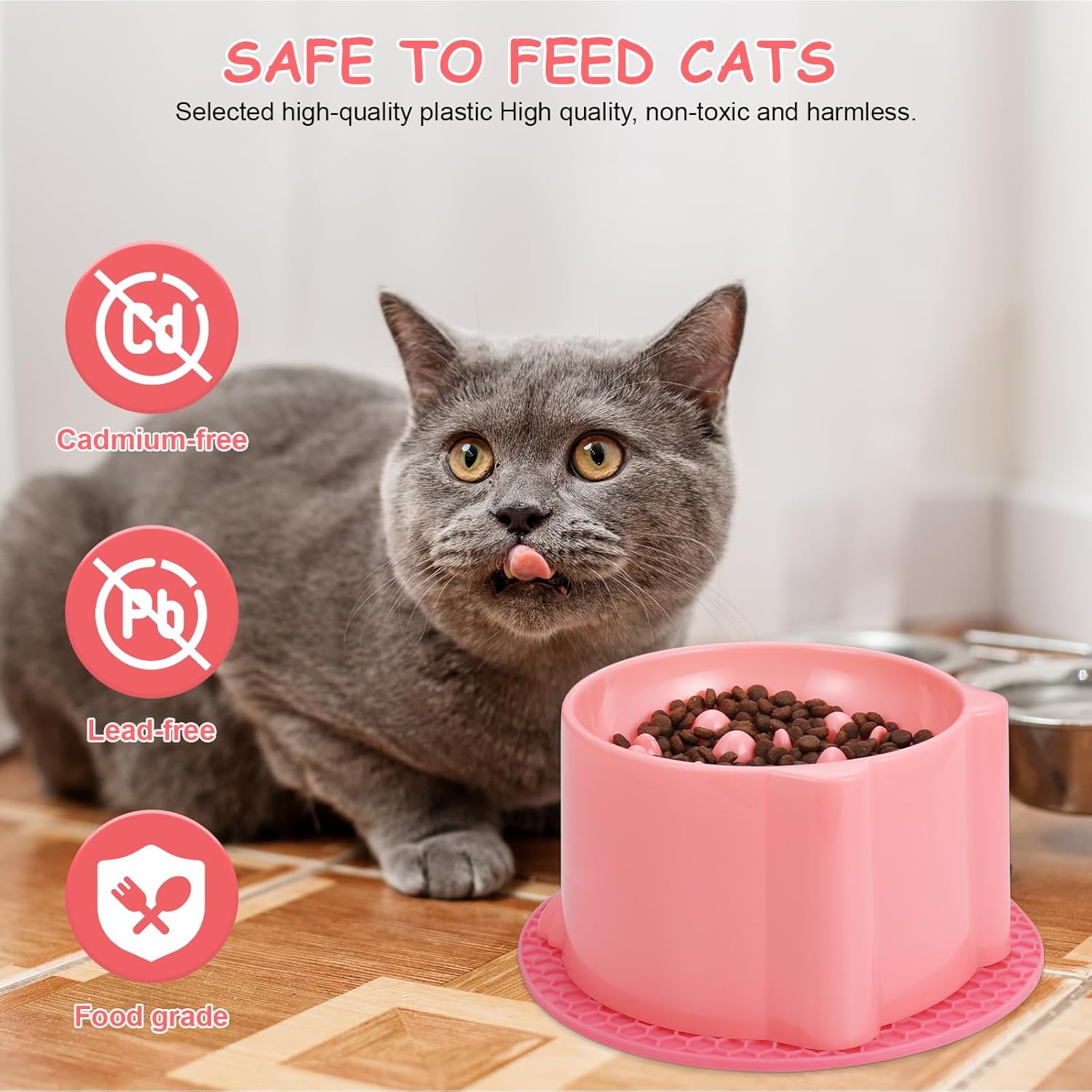 2-Pack Slow Feeder Cat Bowls, Raised Elevated Design with Anti-Slip Base & Ergonomic Neck Relief - Durable Plastic Pet Food Dishes Pink & Green