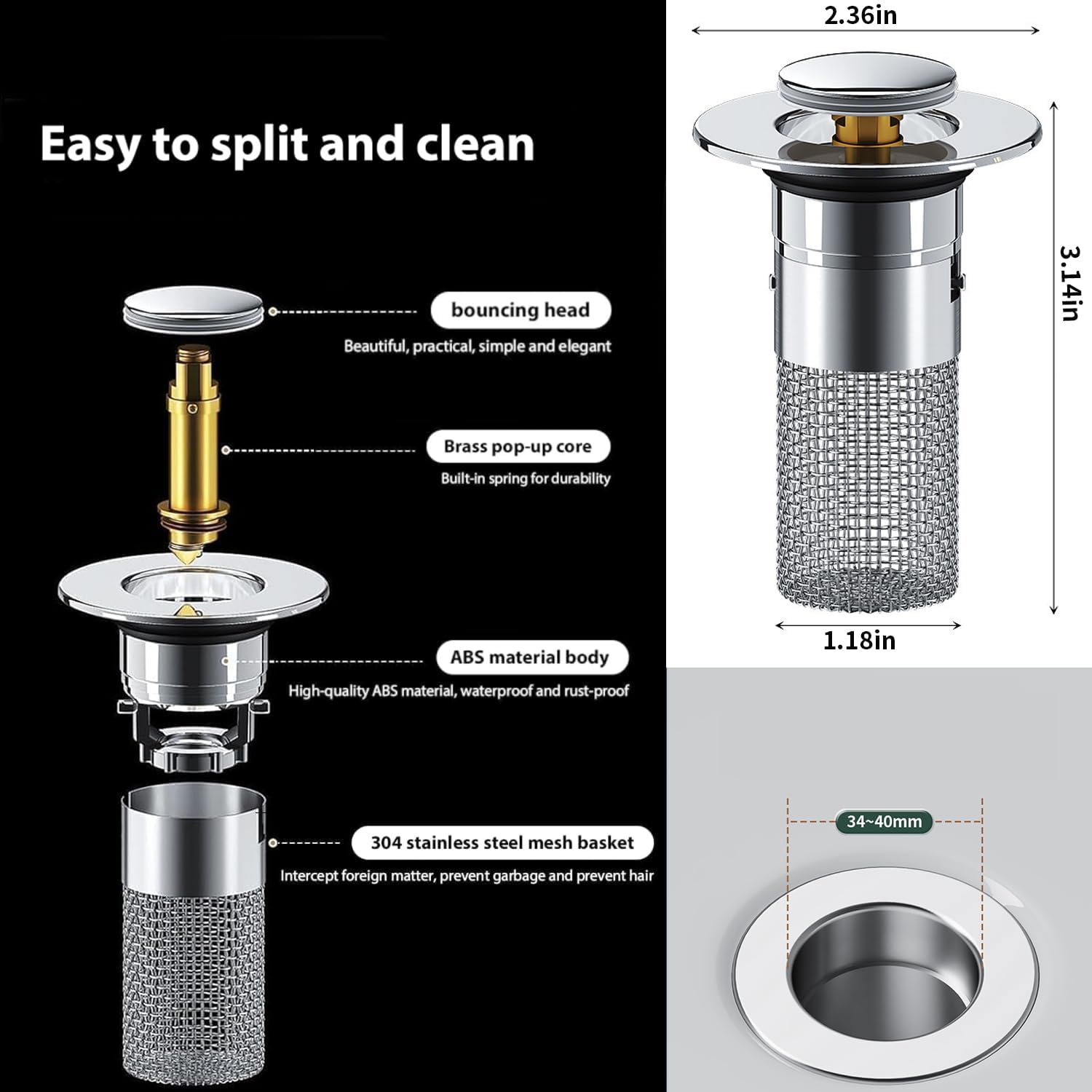 2Pcs Stainless Steel Floor Drain Filter,Bathroom Sink Stopper Hair Catcher with Removable Stainless Steel Filter Basket Hair Catcher,Isolate Odor Pop Up Sink Drain 1pcs