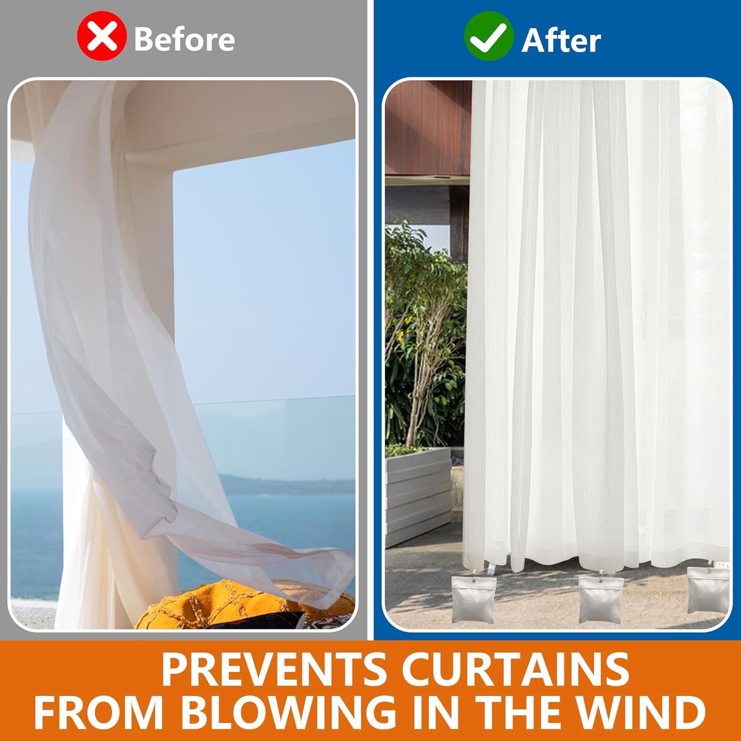 12 Pack Outdoor Curtain Weights Bag, Patio Curtain Sandbag with Sealed Bags and Clips, Reusable Drapery Weighted Bags for Home Outdoor Pergola Gazebo Front Porch Grey